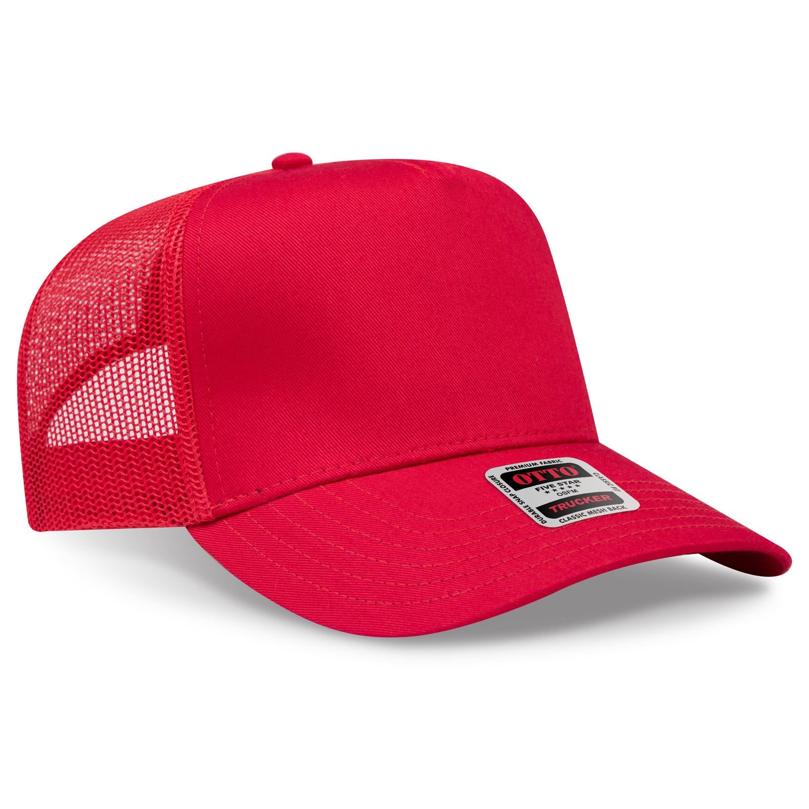 Front View of 002 - Red OTTO CAP 5 Panel Mid Profile Mesh Back Trucker Hat