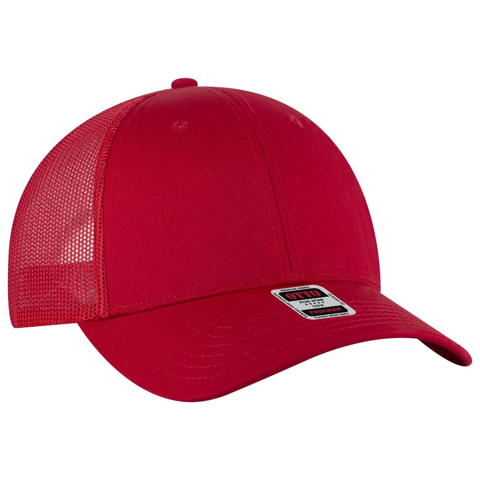 Front View of 002A - Red OTTO CAP 6 Panel Low Profile Mesh Back Trucker Hat