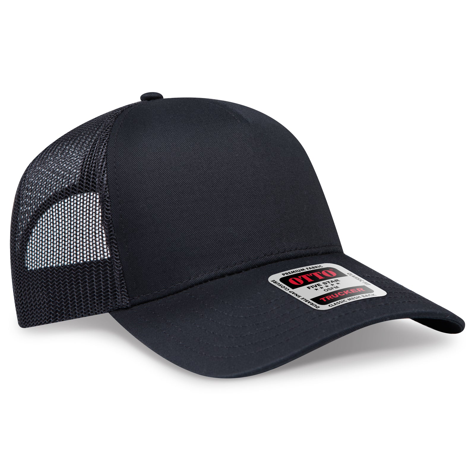Front View of 003 - Black OTTO CAP 5 Panel Low Profile Mesh Back Trucker Hat