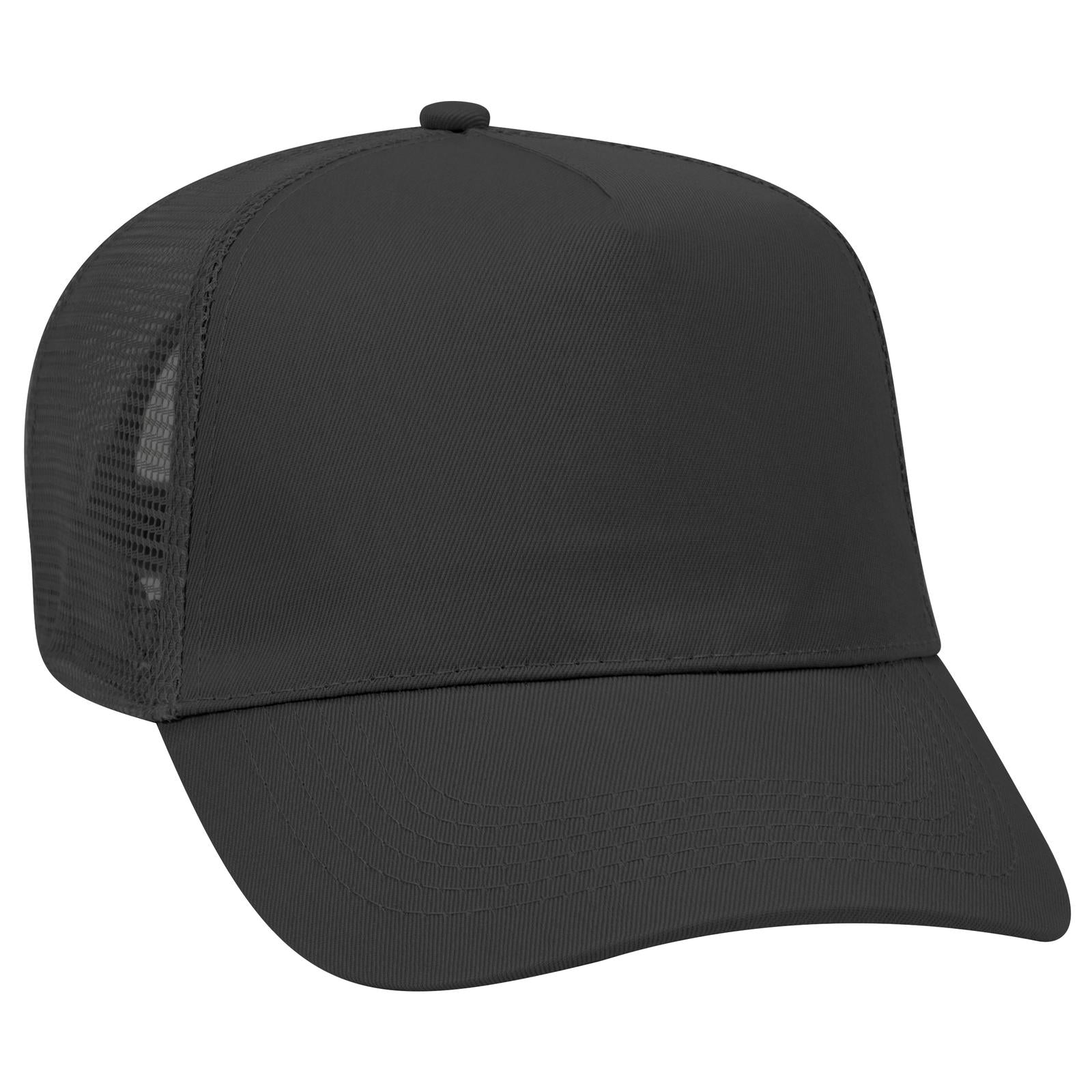 Front View of 003 - Black OTTO CAP 5 Panel Mid Profile Mesh Back Trucker Hat