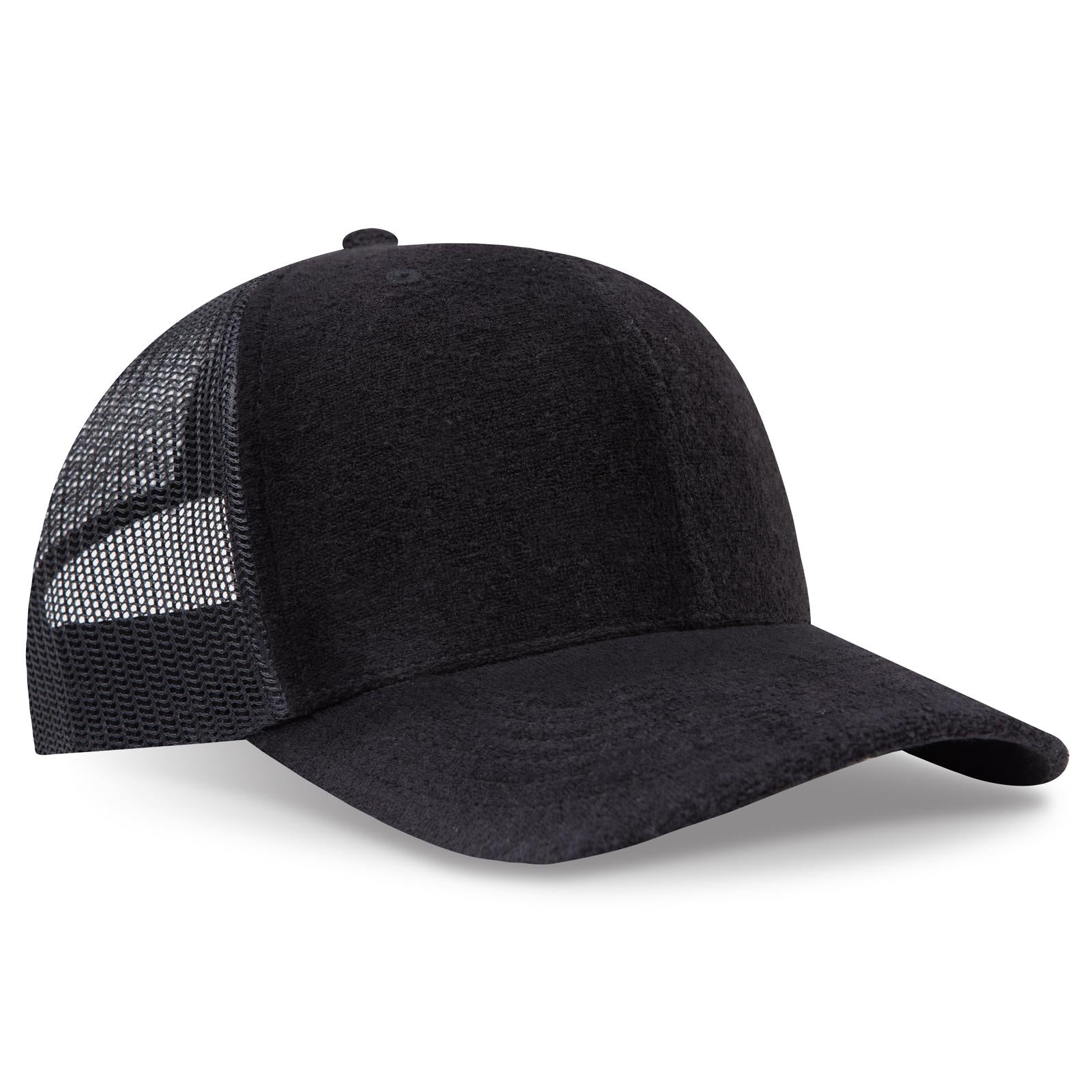 Front View of 003E - Black OTTO CAP 6 Panel Mid Profile Mesh Back Trucker Hat