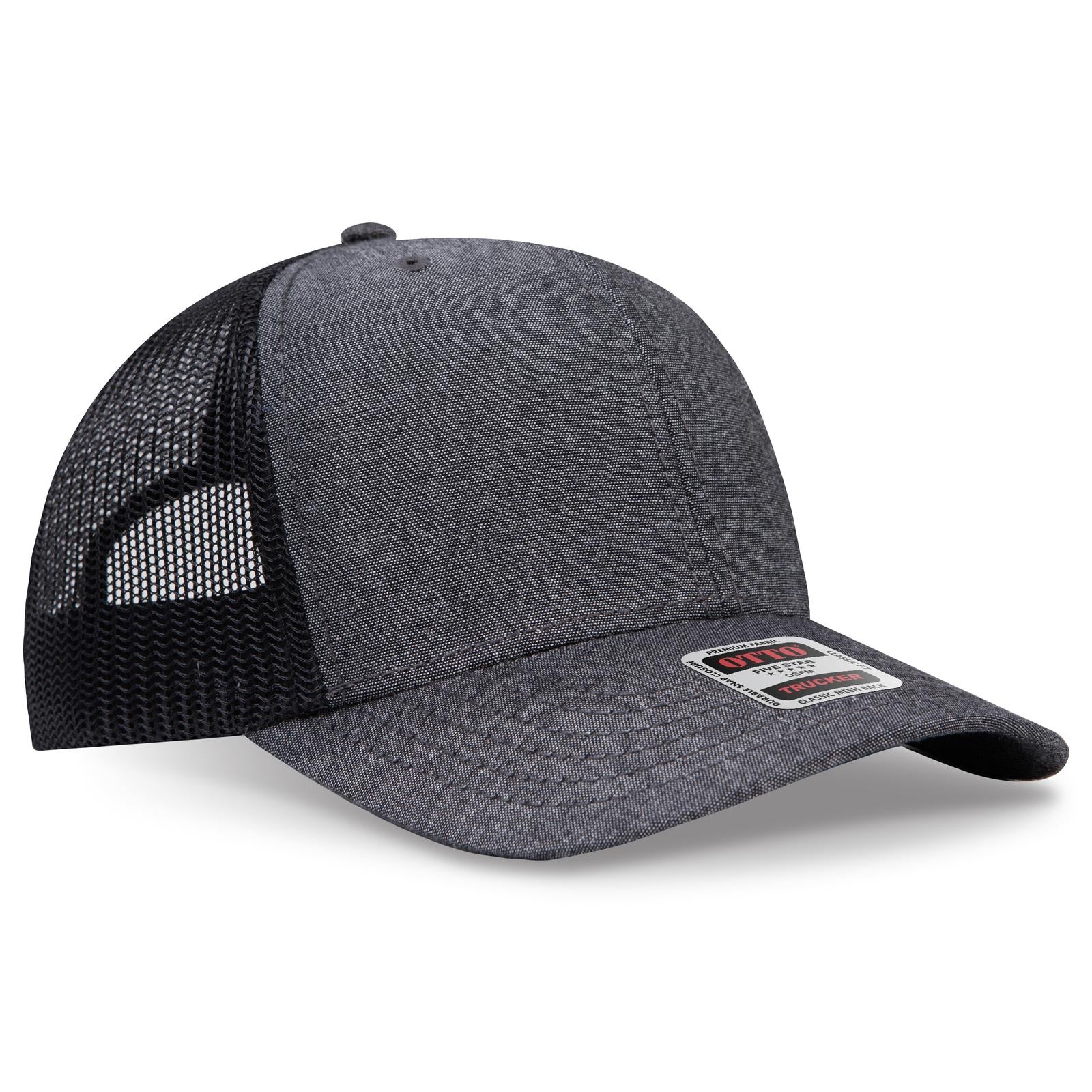 Front View of 003X - Black OTTO CAP 6 Panel Mid Profile Mesh Back Trucker Hat