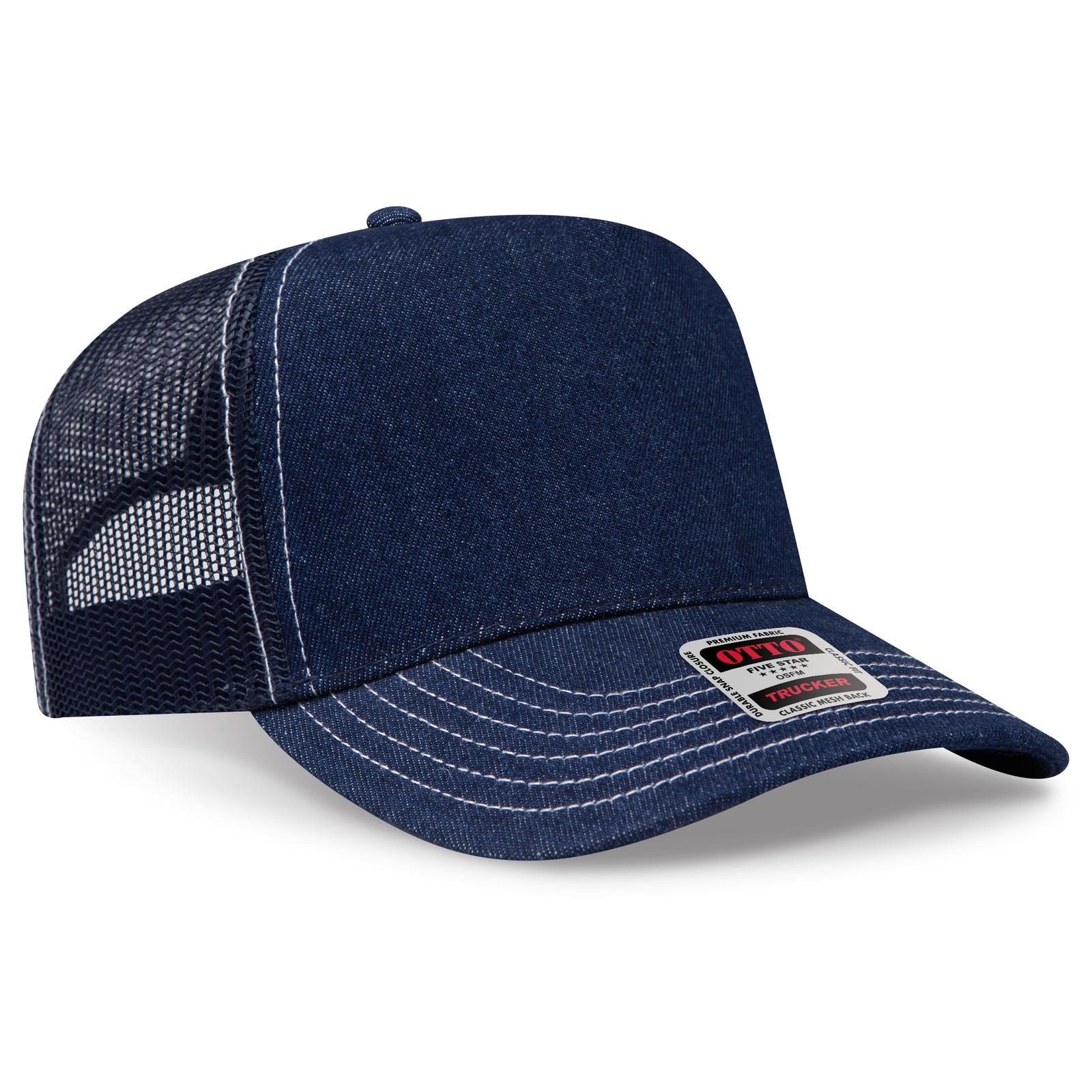 Front View of 004W - Nvy/Wt OTTO CAP 5 Panel Mid Profile Mesh Back Trucker Hat