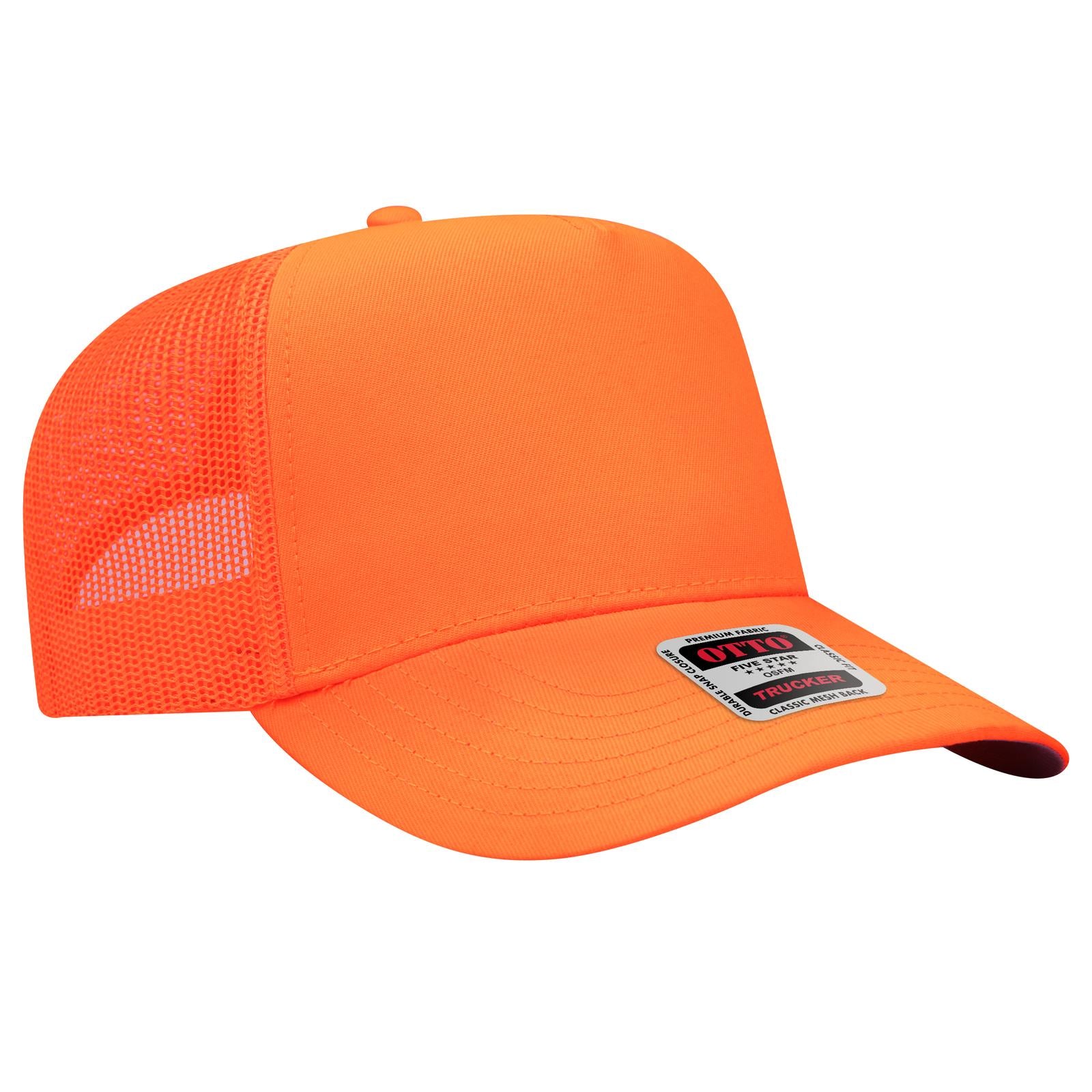 Front View of 009 - N. Orange OTTO CAP 5 Panel Mid Profile Mesh Back Trucker Hat