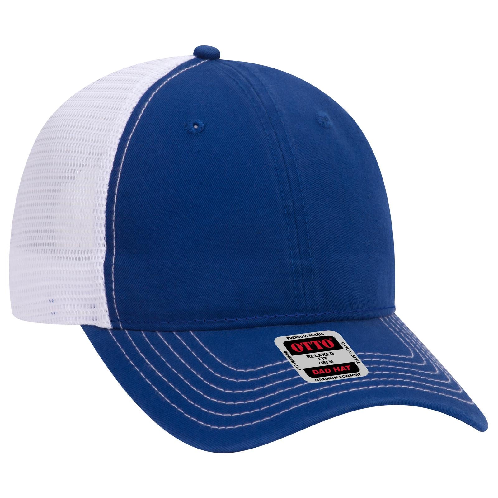 Front View of 010116 - Ryl/Ryl/Wht OTTO CAP 6 Panel Low Profile Mesh Back Trucker Dad Hat