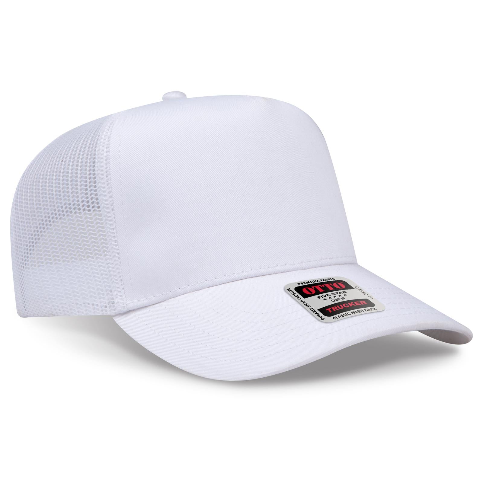 Front View of 016 - White OTTO CAP 5 Panel Mid Profile Mesh Back Trucker Hat