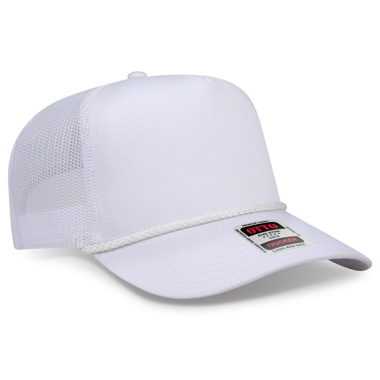 Front View of 016 - White OTTO CAP 5 Panel Mid Profile Mesh Back Trucker Hat