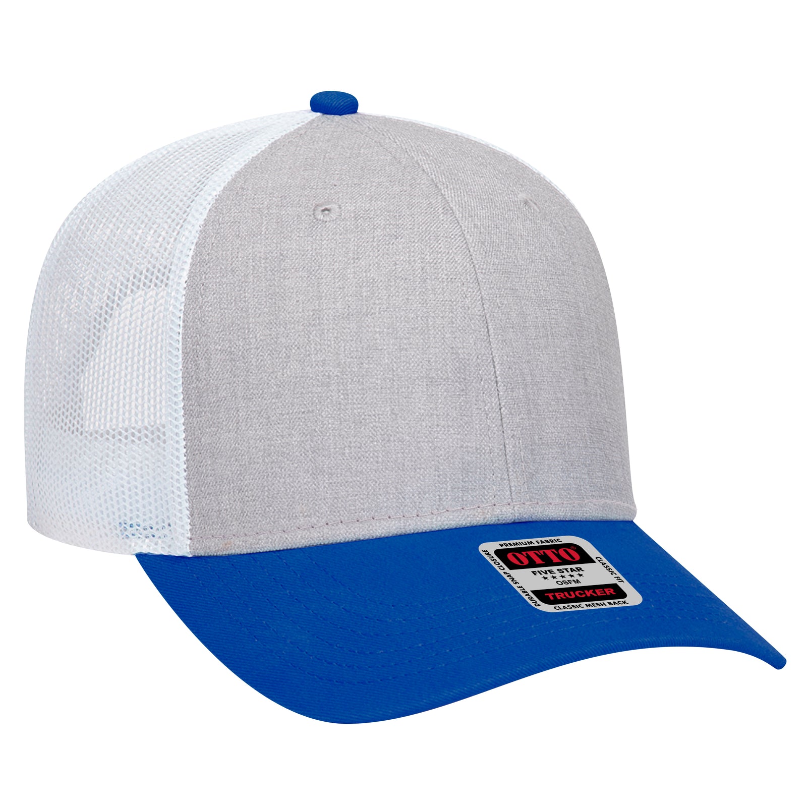 Right View of 017416 - Royal/HeatherGry/White OTTO CAP 6 Panel Low Profile Mesh Back Trucker Hat