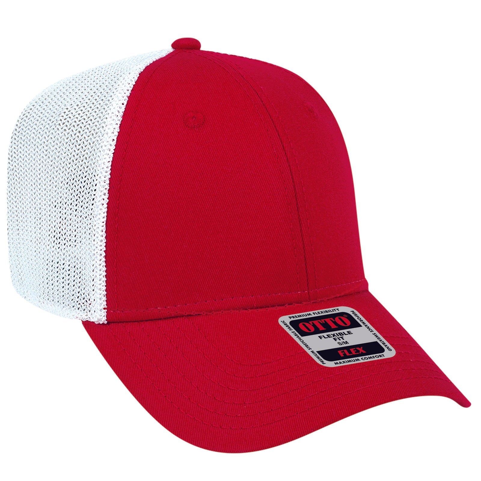 Front View of 020216 - Red/Red/Wht OTTO CAP "OTTO FLEX" Fitted 6 Panel Low Profile Mesh Back Trucker Hat
