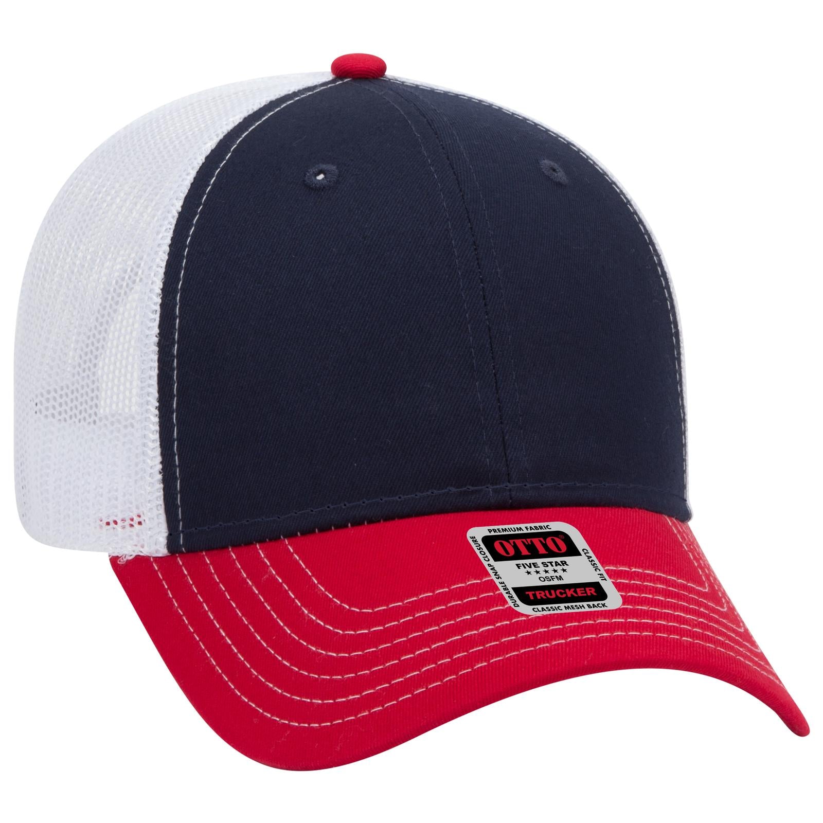 Right View of 020416 - Red/Nvy/Wht OTTO CAP 6 Panel Low Profile Mesh Back Trucker Hat
