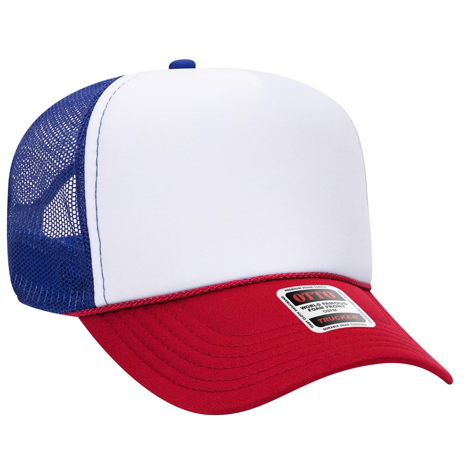 Right View of 021601 - Red/Wht/Ryl OTTO CAP 5 Panel Mid Profile Mesh Back Trucker Hat