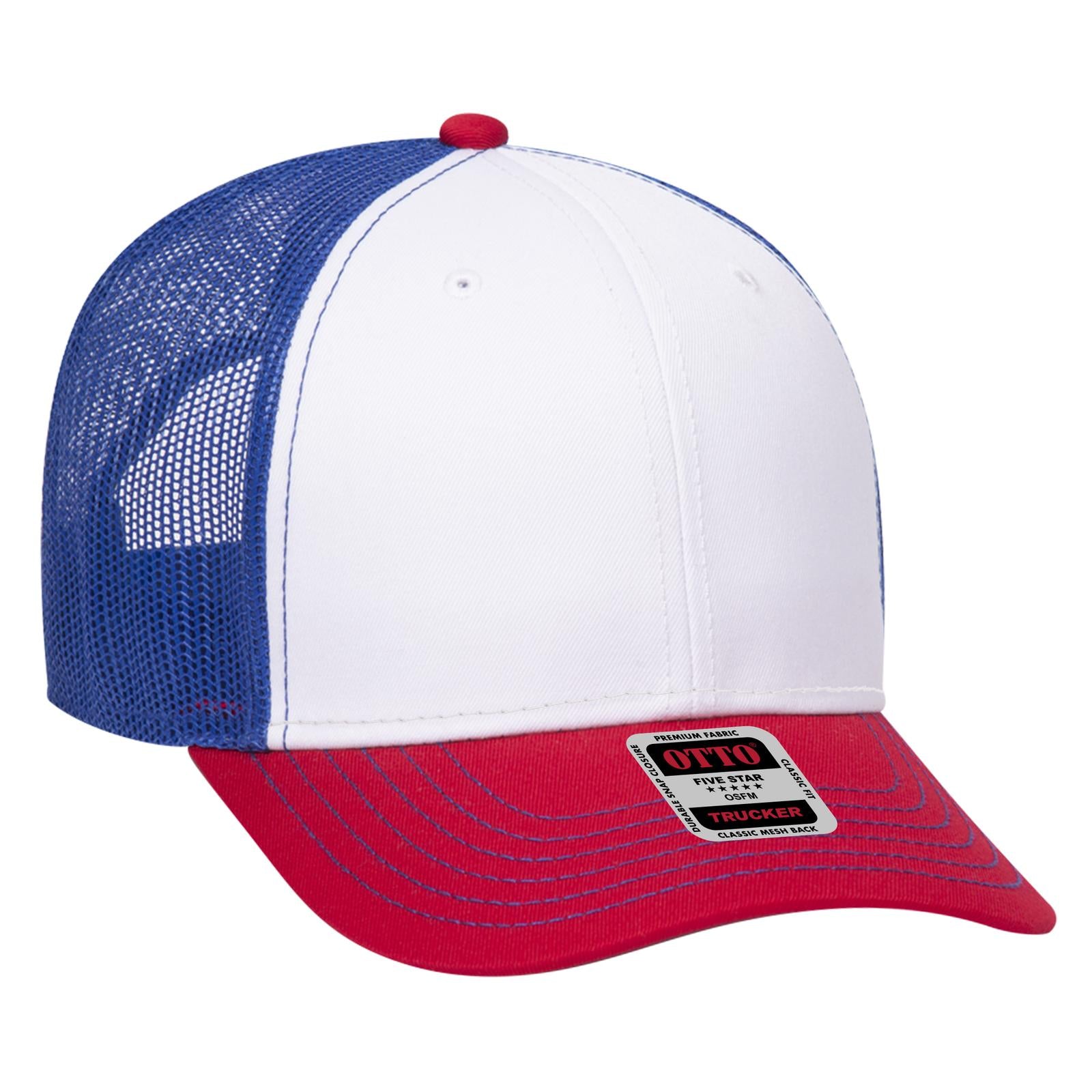 Front View of 021601 - Red/Wht/Ryl OTTO CAP 6 Panel Low Profile Mesh Back Trucker Hat