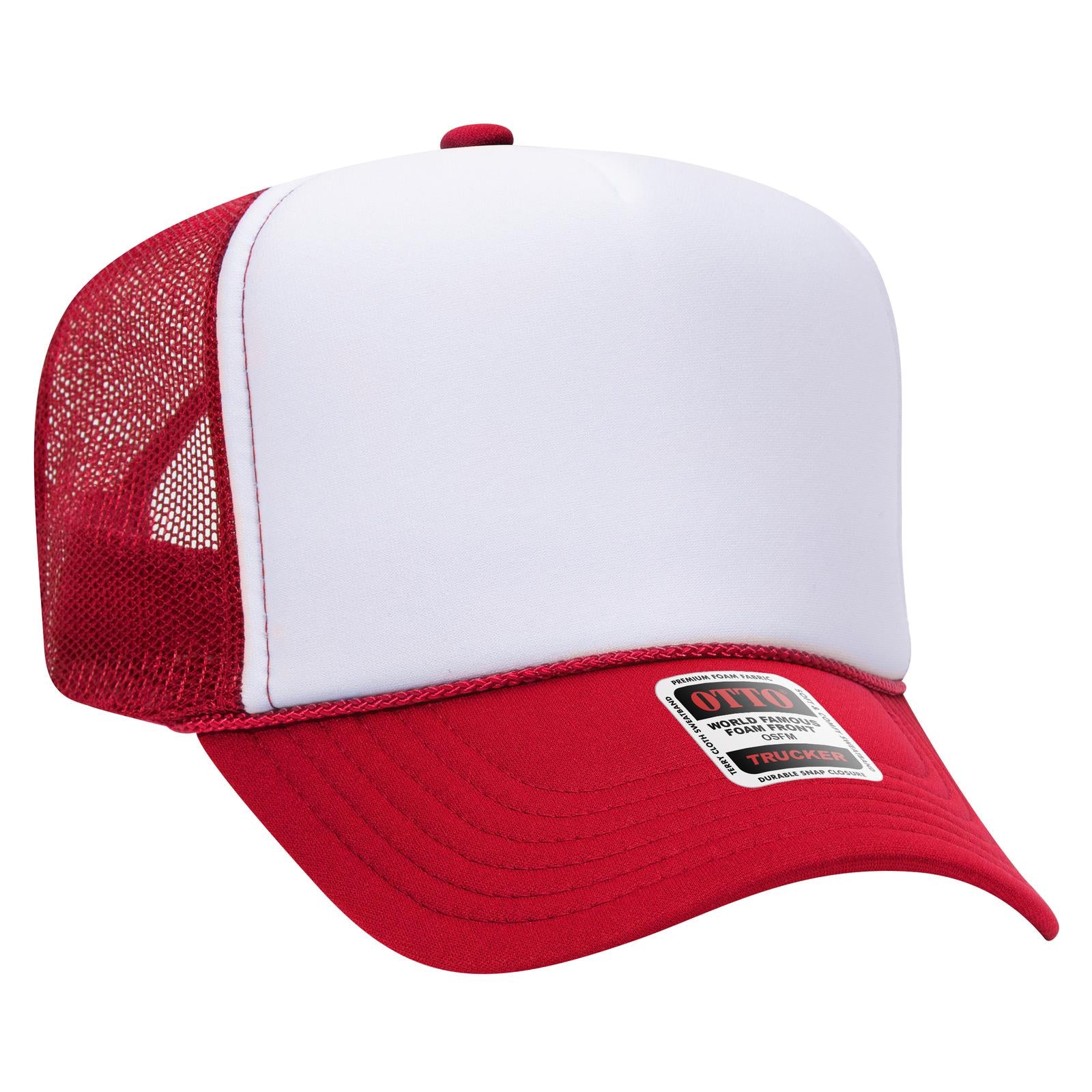 Right View of 021602 - Red/Wht/Red OTTO CAP 5 Panel High Crown Mesh Back Trucker Hat