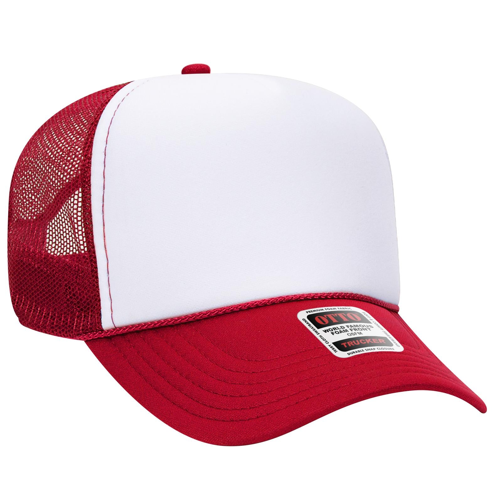 Right View of 021602 - Red/Wht/Red OTTO CAP 5 Panel Mid Profile Mesh Back Trucker Hat