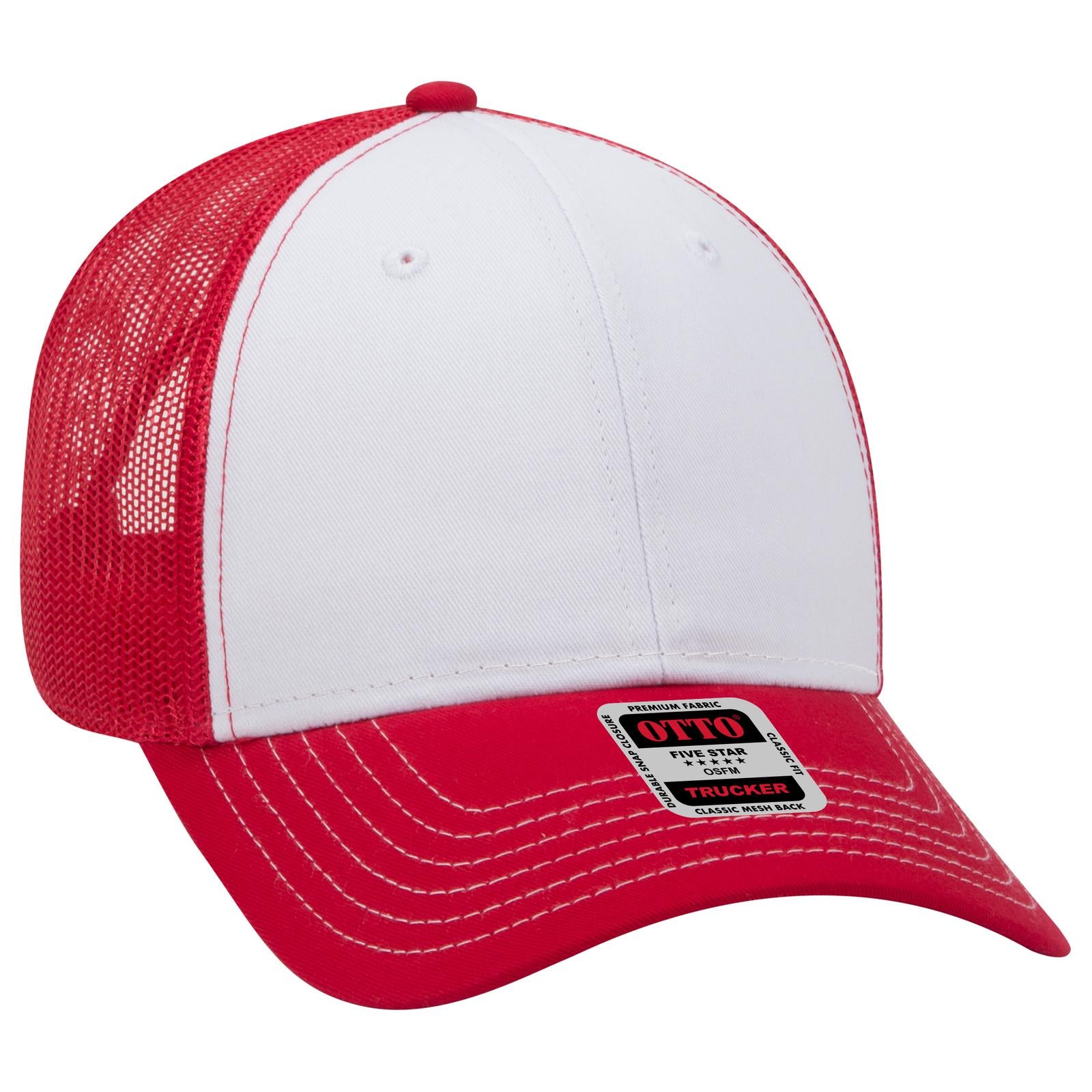 Front View of 021602 - Red/Wht/Red OTTO CAP 6 Panel Low Profile Mesh Back Trucker Hat