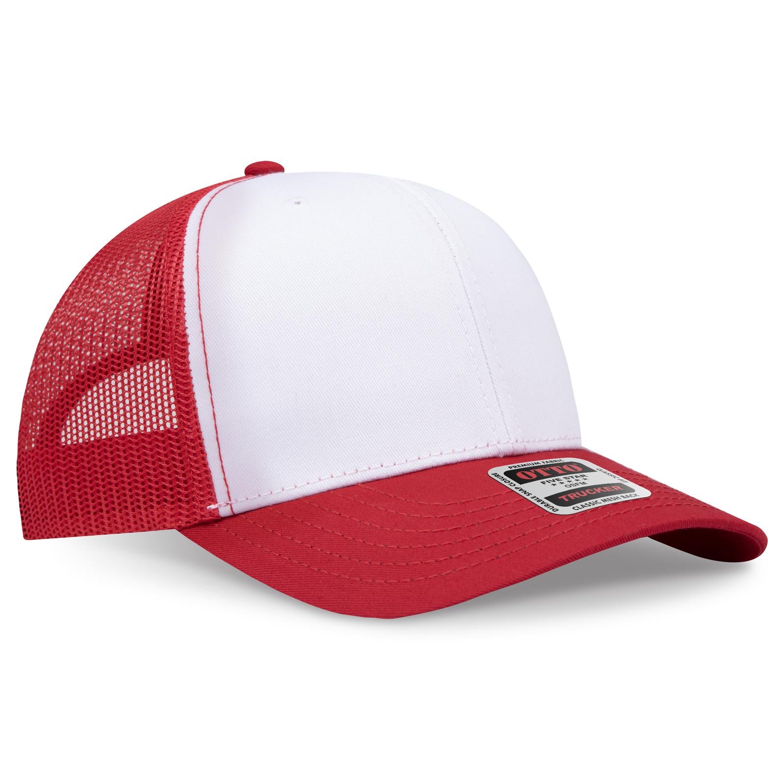 Right View of 021602 - Red/Wht/Red OTTO CAP 6 Panel Mid Profile Mesh Back Trucker Hat