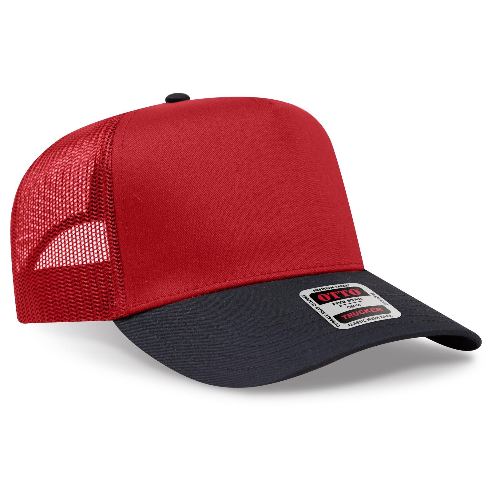 Right View of 0302 - Blk/Red OTTO CAP 5 Panel Mid Profile Mesh Back Trucker Hat