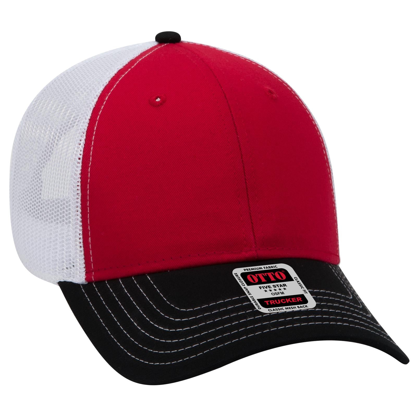 Right View of 030216 - Blk/Red/Wht OTTO CAP 6 Panel Low Profile Mesh Back Trucker Hat