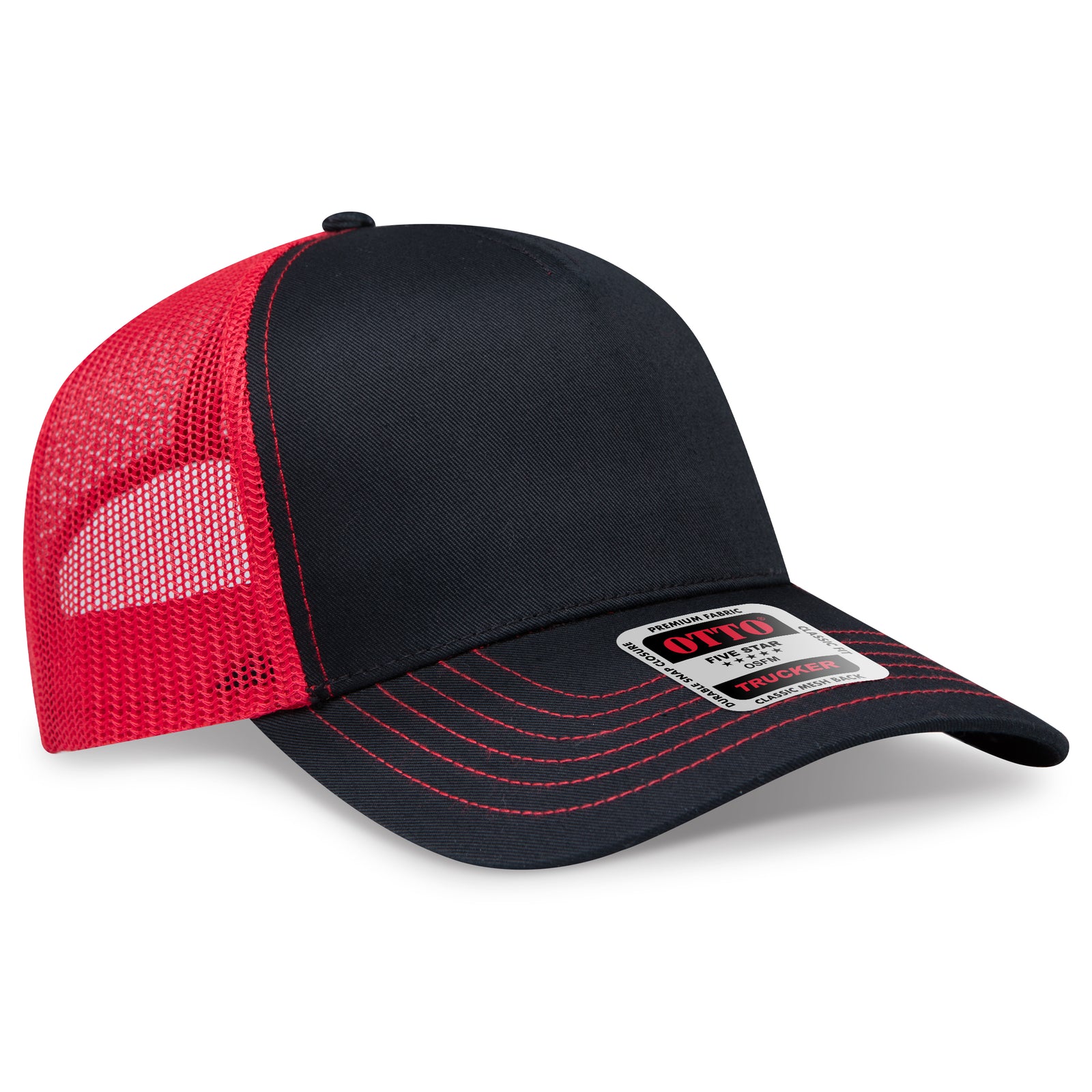 Right View of 030302 - Blk/Blk/Red OTTO CAP 5 Panel Low Profile Mesh Back Trucker Hat