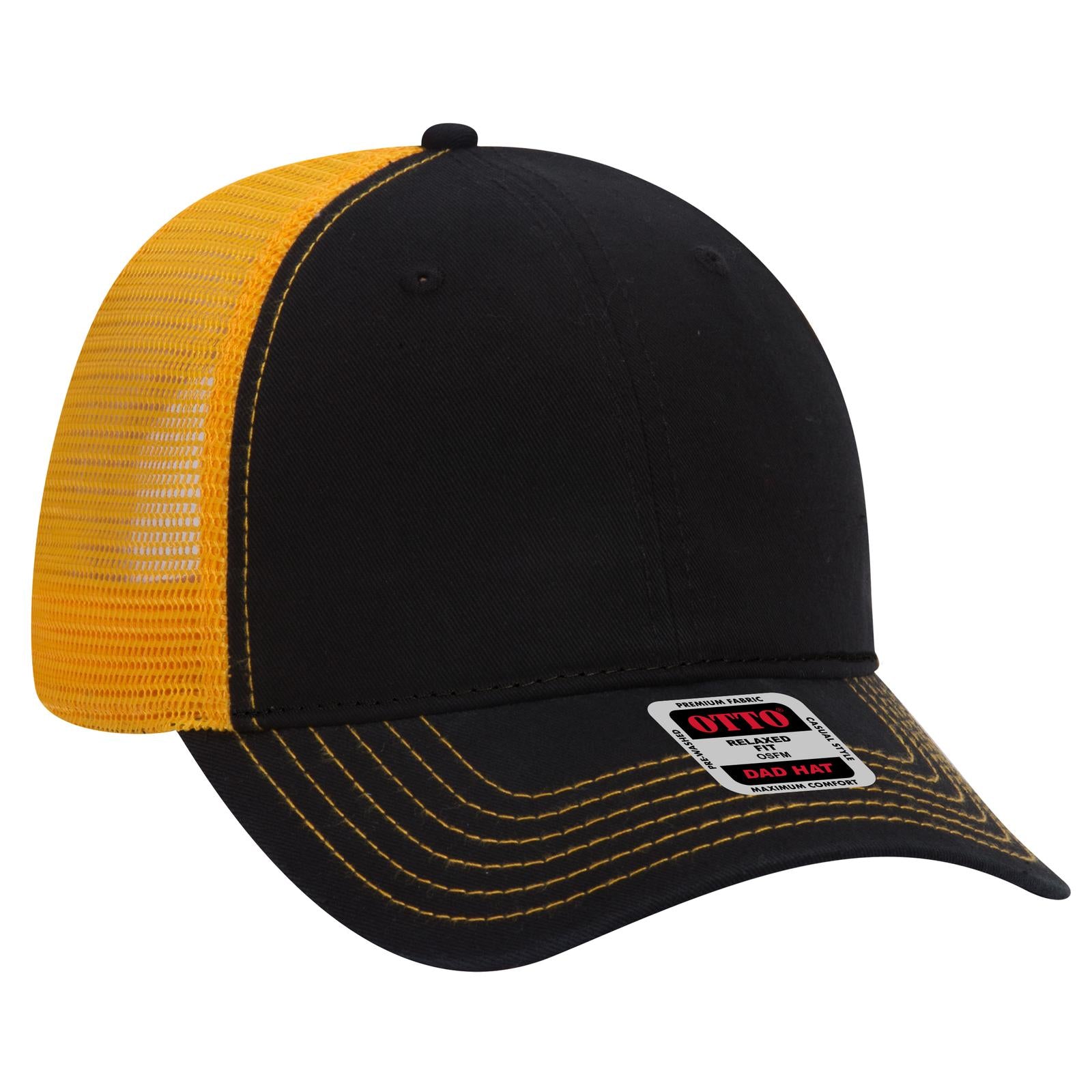 Right View of 030306 - Blk/Blk/Gld OTTO CAP 6 Panel Low Profile Mesh Back Trucker Dad Hat