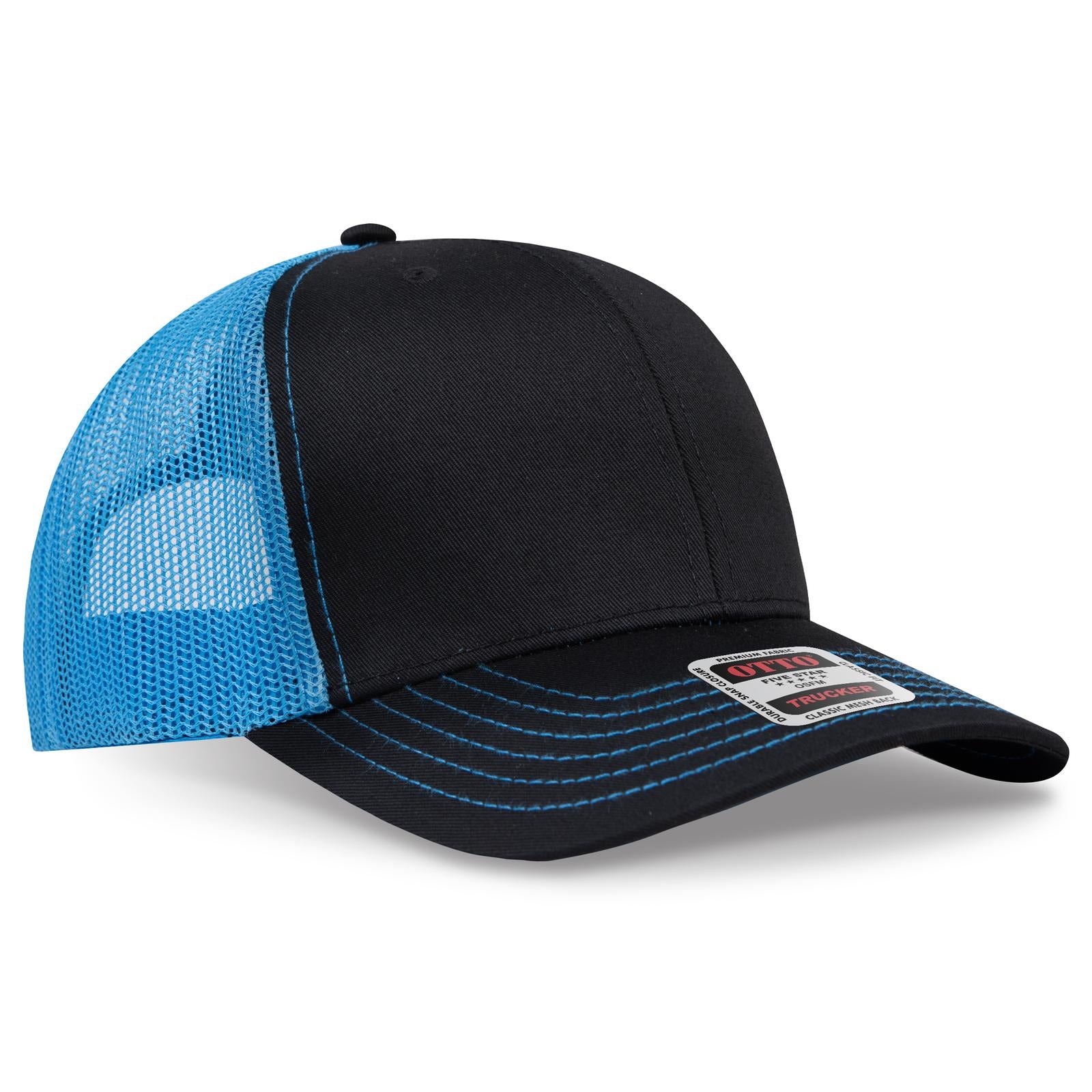 Front View of 0303107 - Blk/Blk/N.Blue OTTO CAP 6 Panel Mid Profile Mesh Back Trucker Hat