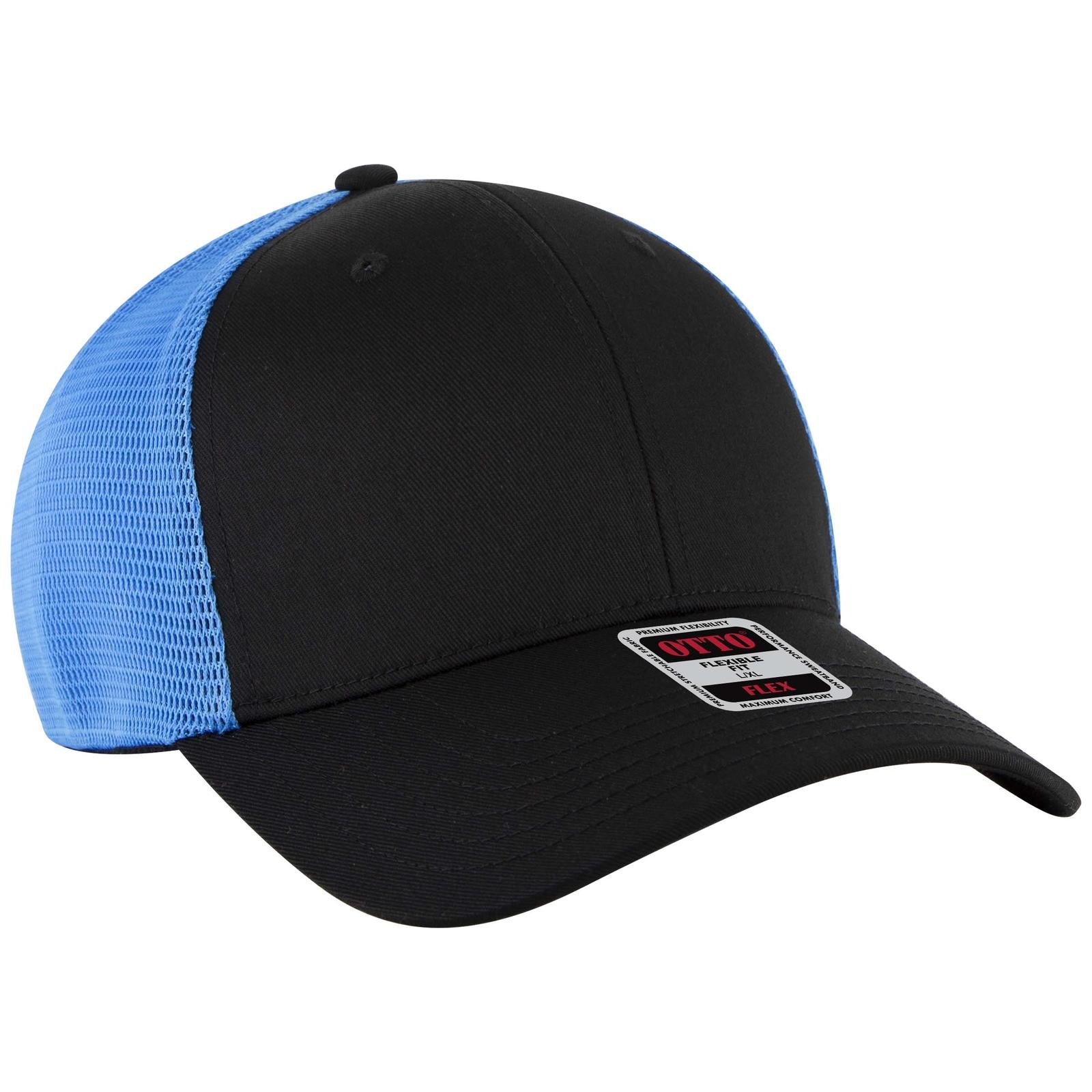 Front View of 0303107 - Blk/Blk/N.Blue OTTO CAP "OTTO FLEX" Fitted 6 Panel Low Profile Mesh Back Trucker Hat