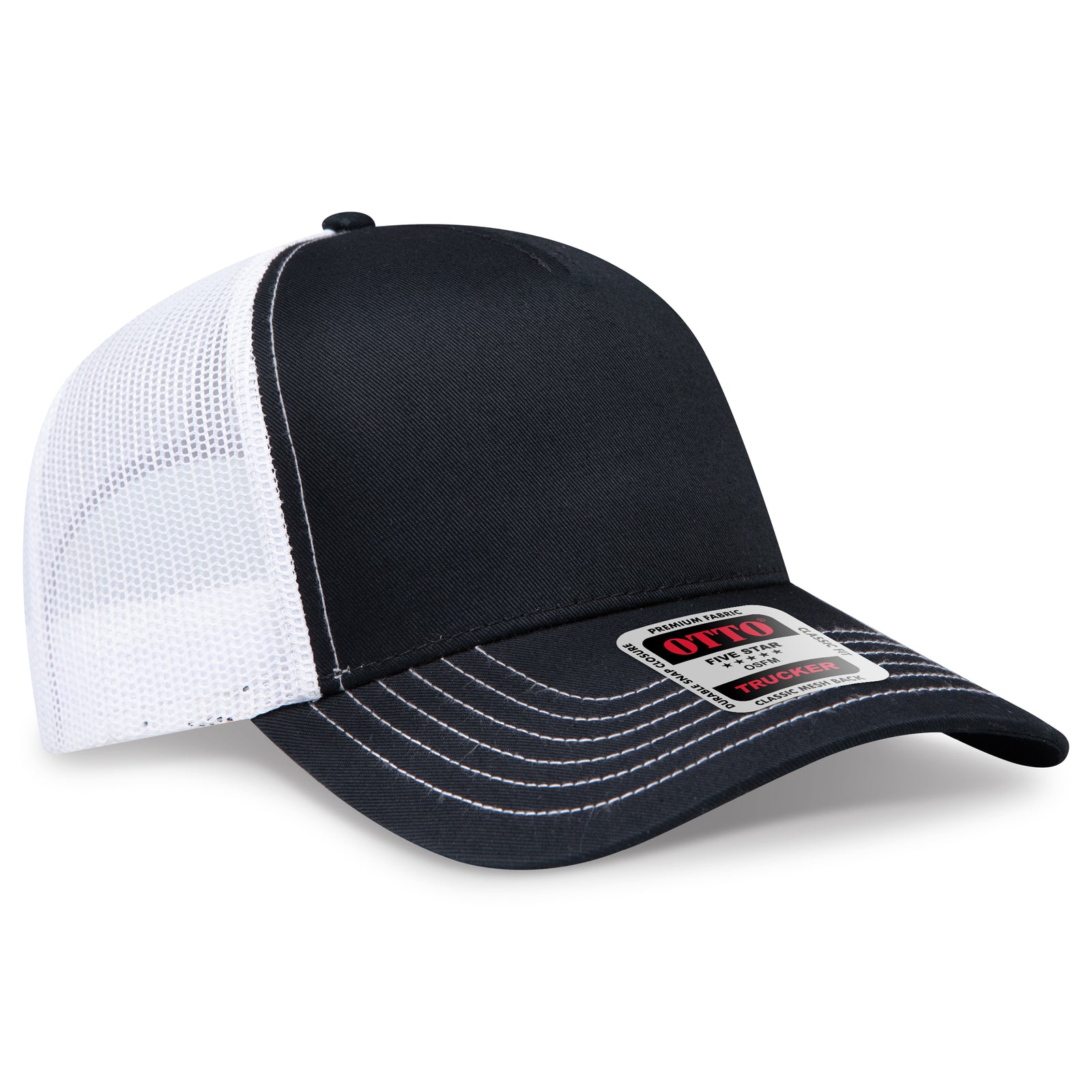 Right View of 030316 - Blk/Blk/Wht OTTO CAP 5 Panel Low Profile Mesh Back Trucker Hat