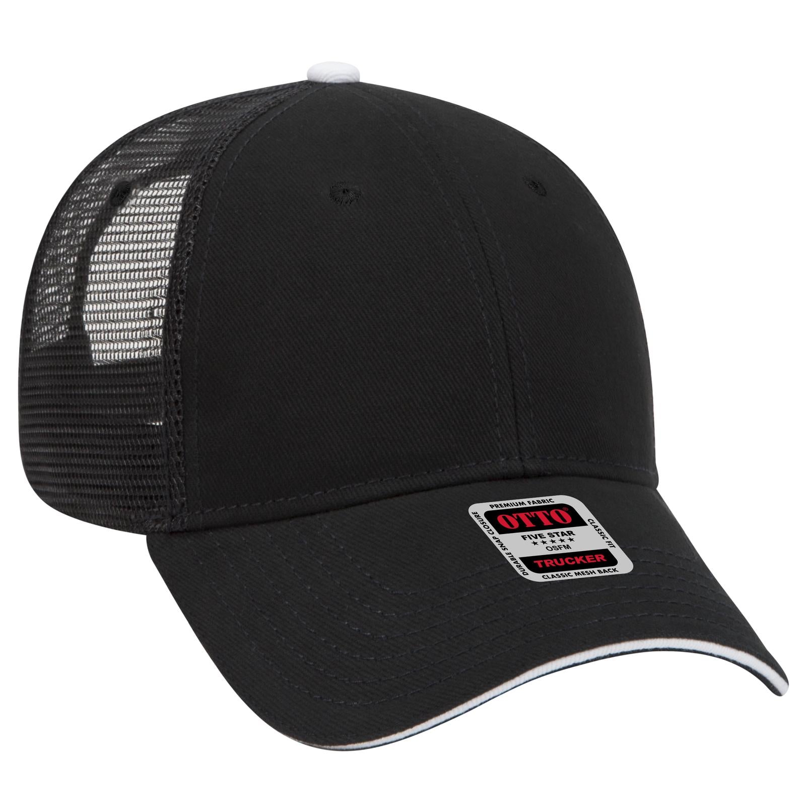 Right View of 030316 - Blk/Blk/Wht OTTO CAP 6 Panel Low Profile Mesh Back Trucker Hat