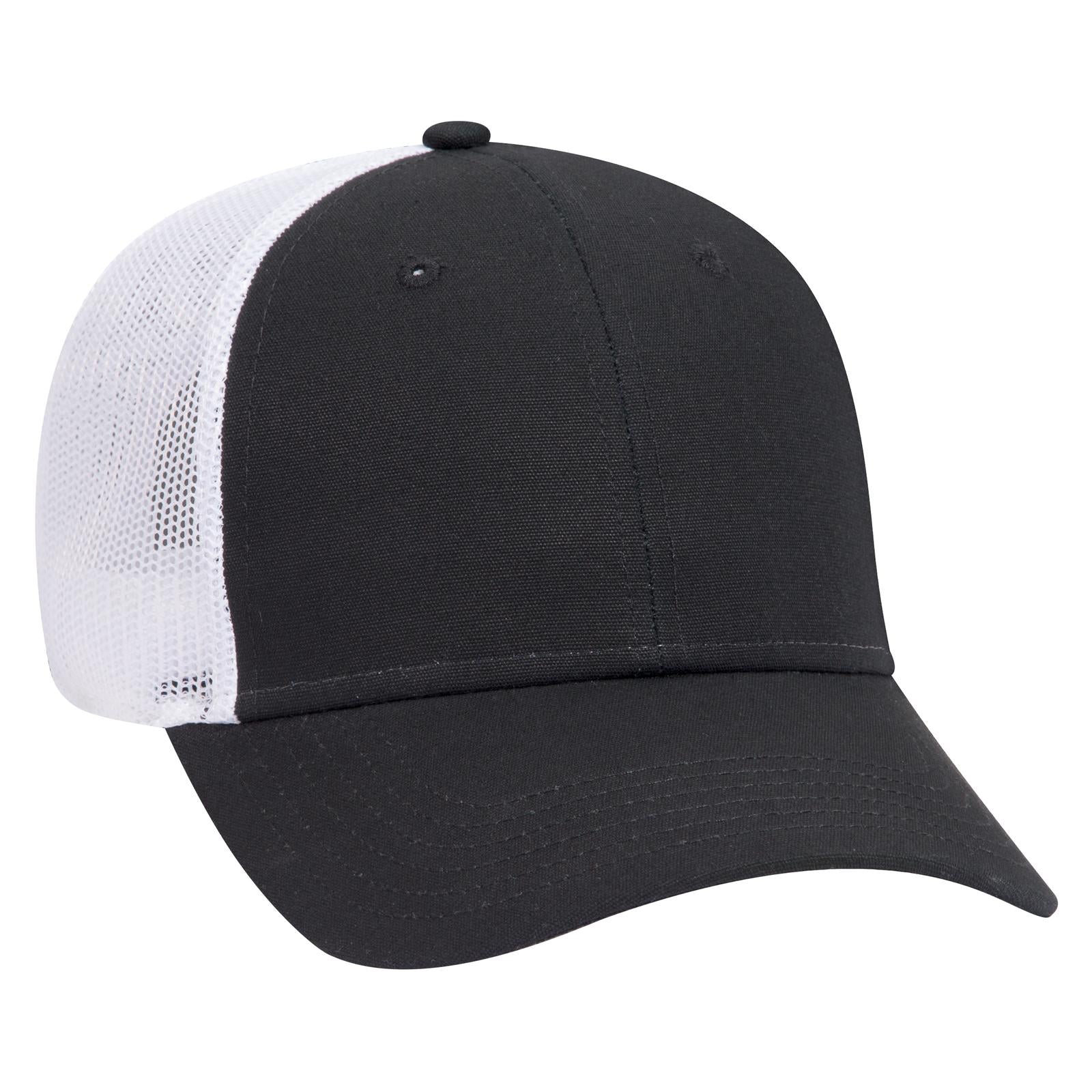 Front View of 030316 - Blk/Blk/Wht OTTO CAP 6 Panel Low Profile Mesh Back Trucker Hat