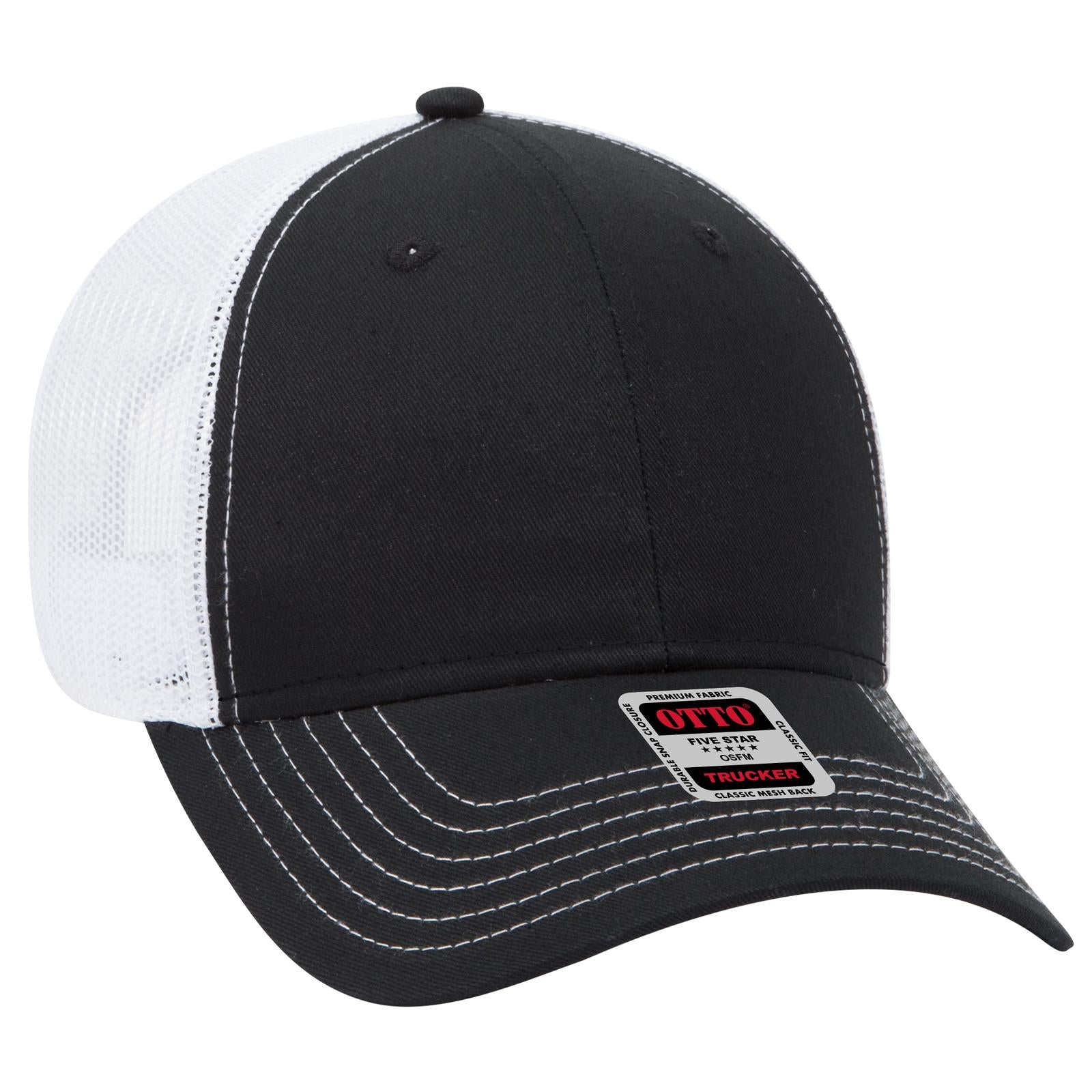 Right View of 030316 - Blk/Blk/Wht OTTO CAP 6 Panel Low Profile Mesh Back Trucker Hat