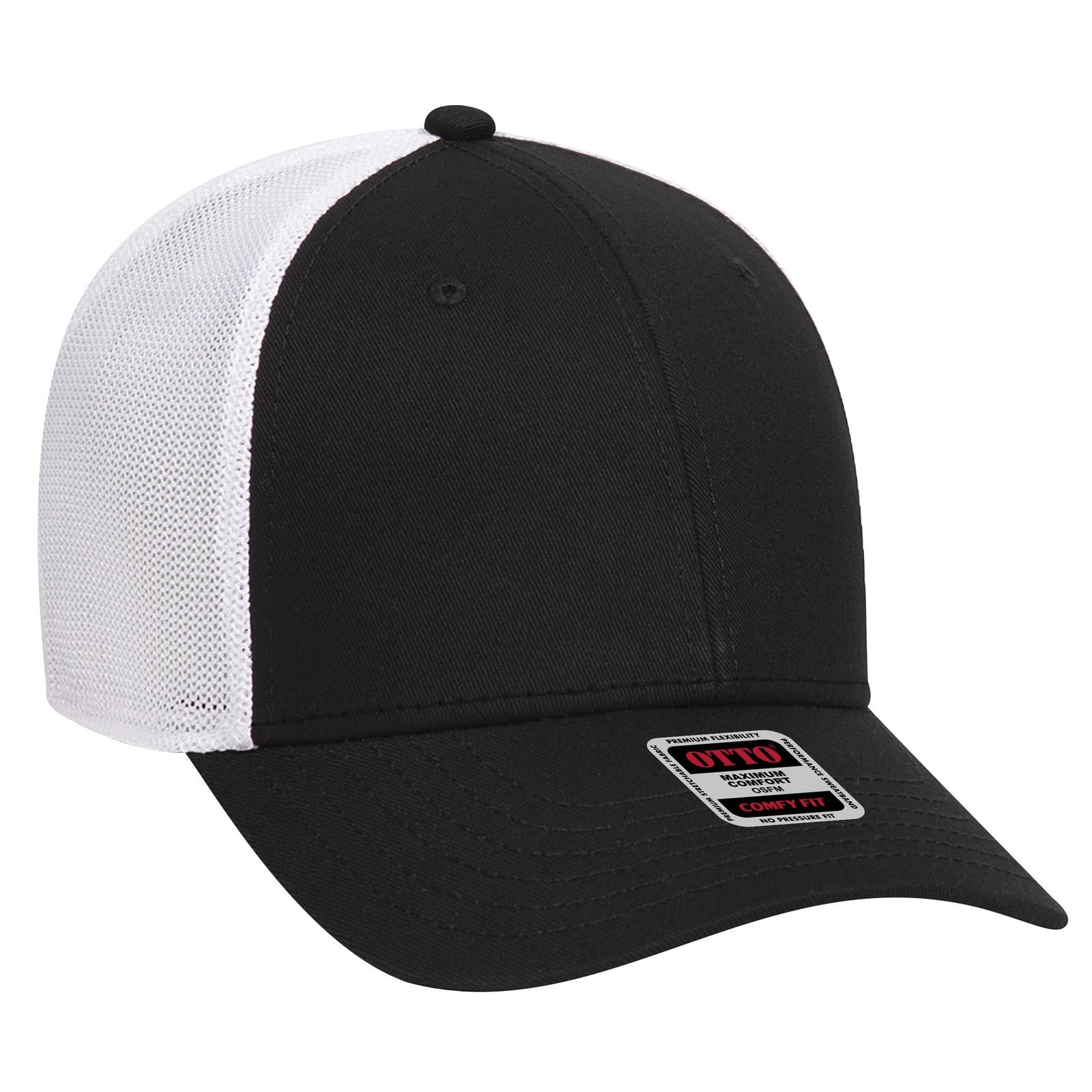 Front View of 030316 - Blk/Blk/Wht OTTO CAP "OTTO COMFY FIT" 6 Panel Low Profile Mesh Back Trucker Hat