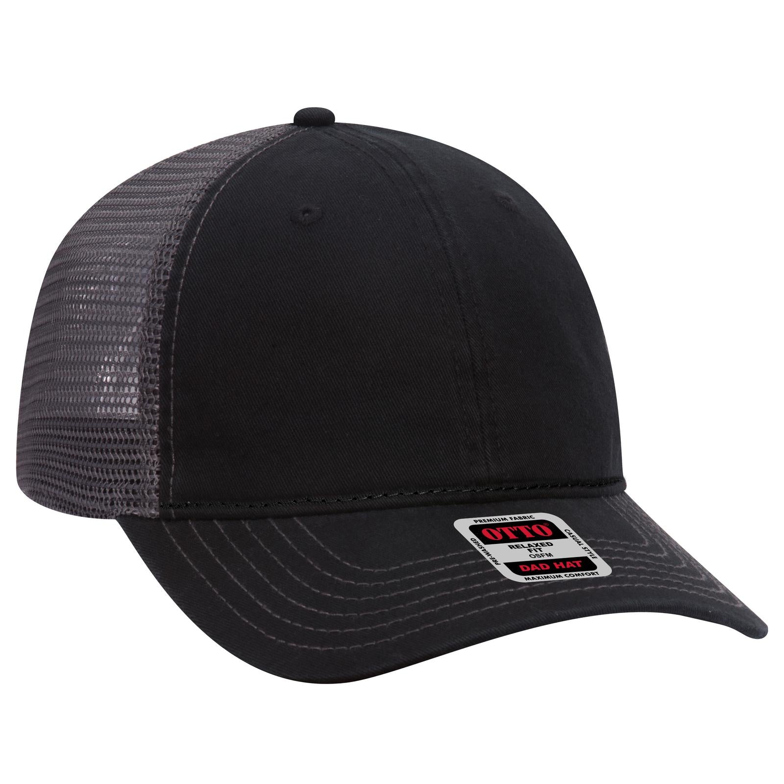 Right View of 030325 - Blk/Blk/Ch.Gry OTTO CAP 6 Panel Low Profile Mesh Back Trucker Dad Hat