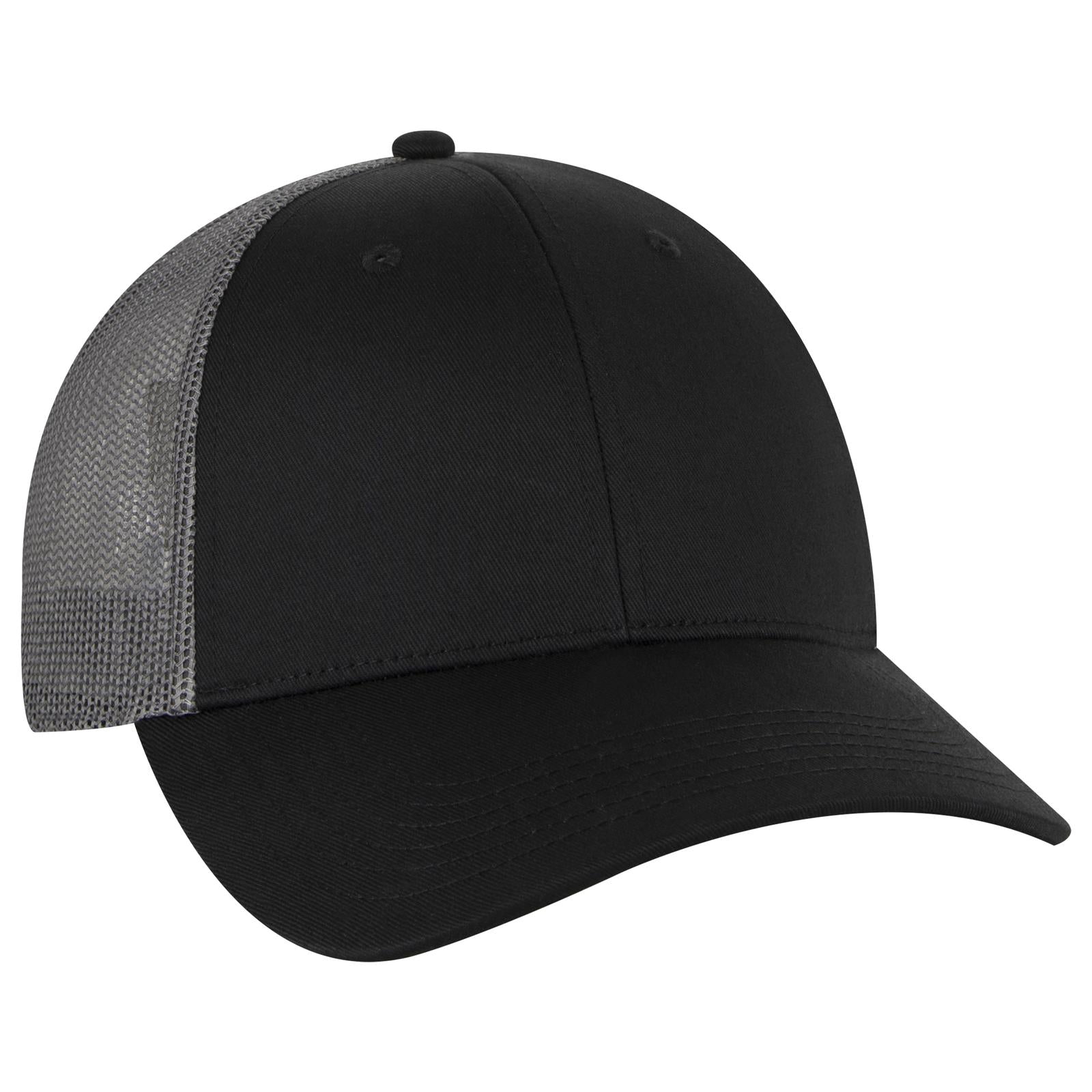 Front View of 030325 - Blk/Blk/Ch.Gry OTTO CAP 6 Panel Low Profile Mesh Back Trucker Hat