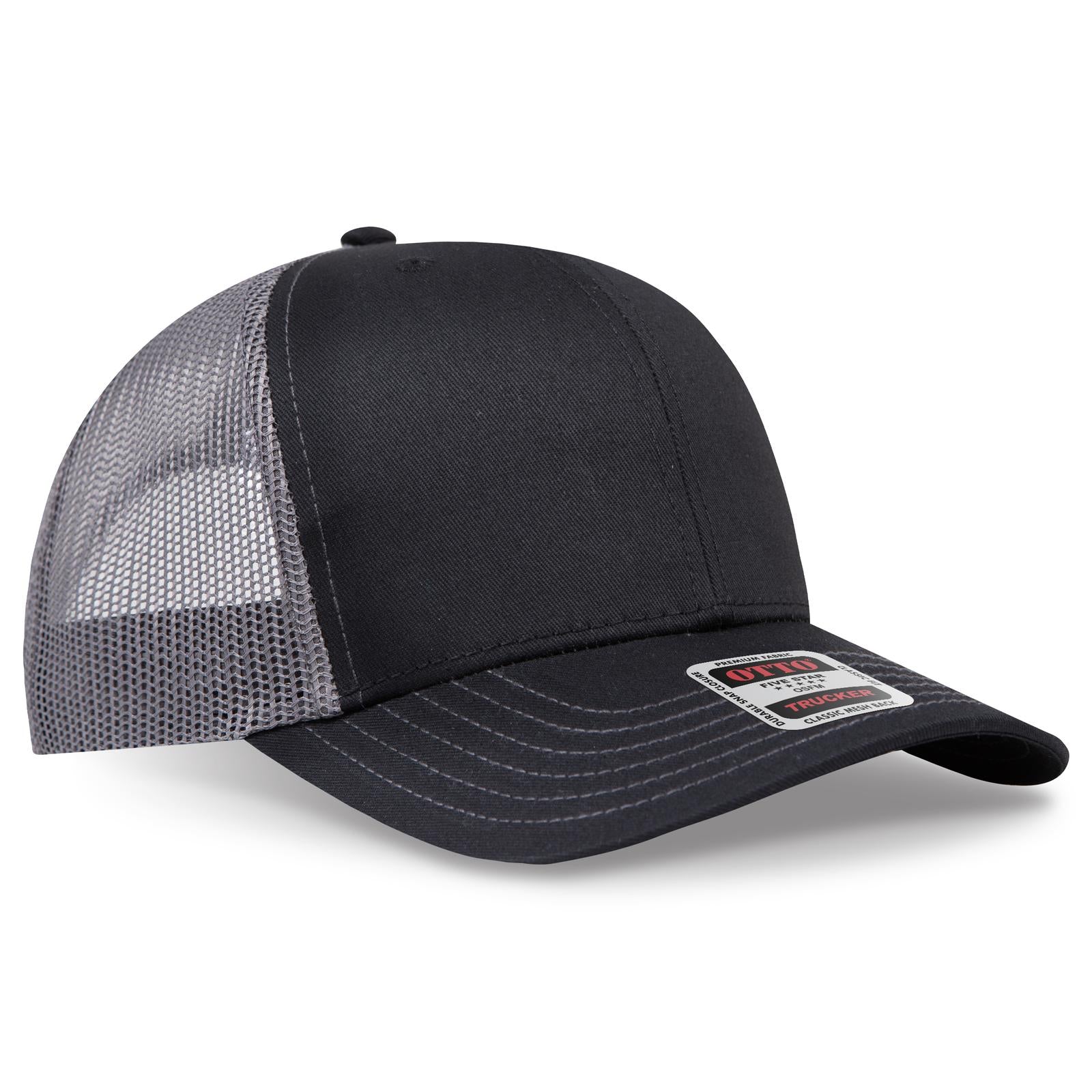 Front View of 030325 - Blk/Blk/Ch.Gry OTTO CAP 6 Panel Mid Profile Mesh Back Trucker Hat