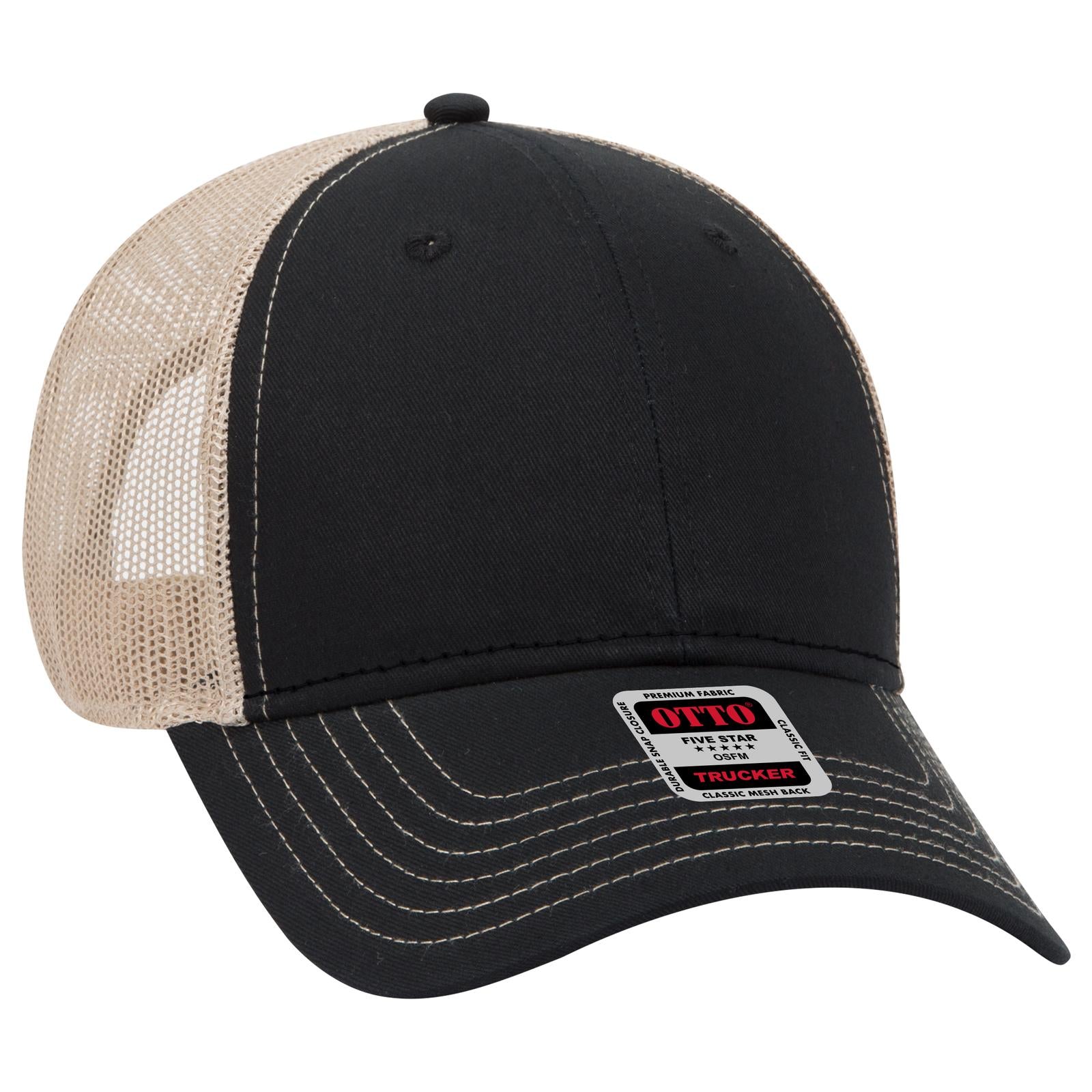 Right View of 030332 - Blk/Blk/Kha OTTO CAP 6 Panel Low Profile Mesh Back Trucker Hat