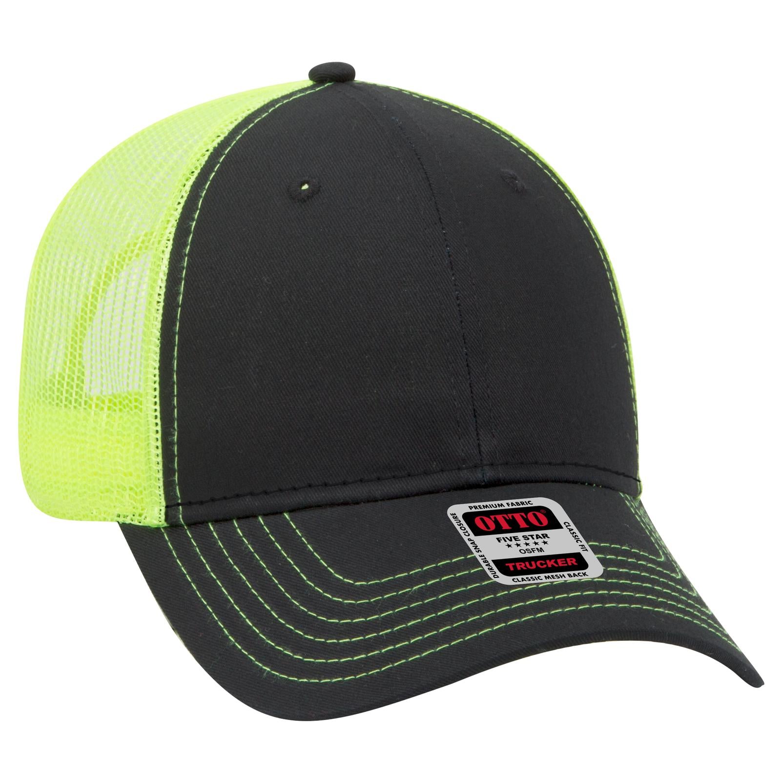 Right View of 030340 - Blk/Blk/N.Ylw OTTO CAP 6 Panel Low Profile Mesh Back Trucker Hat