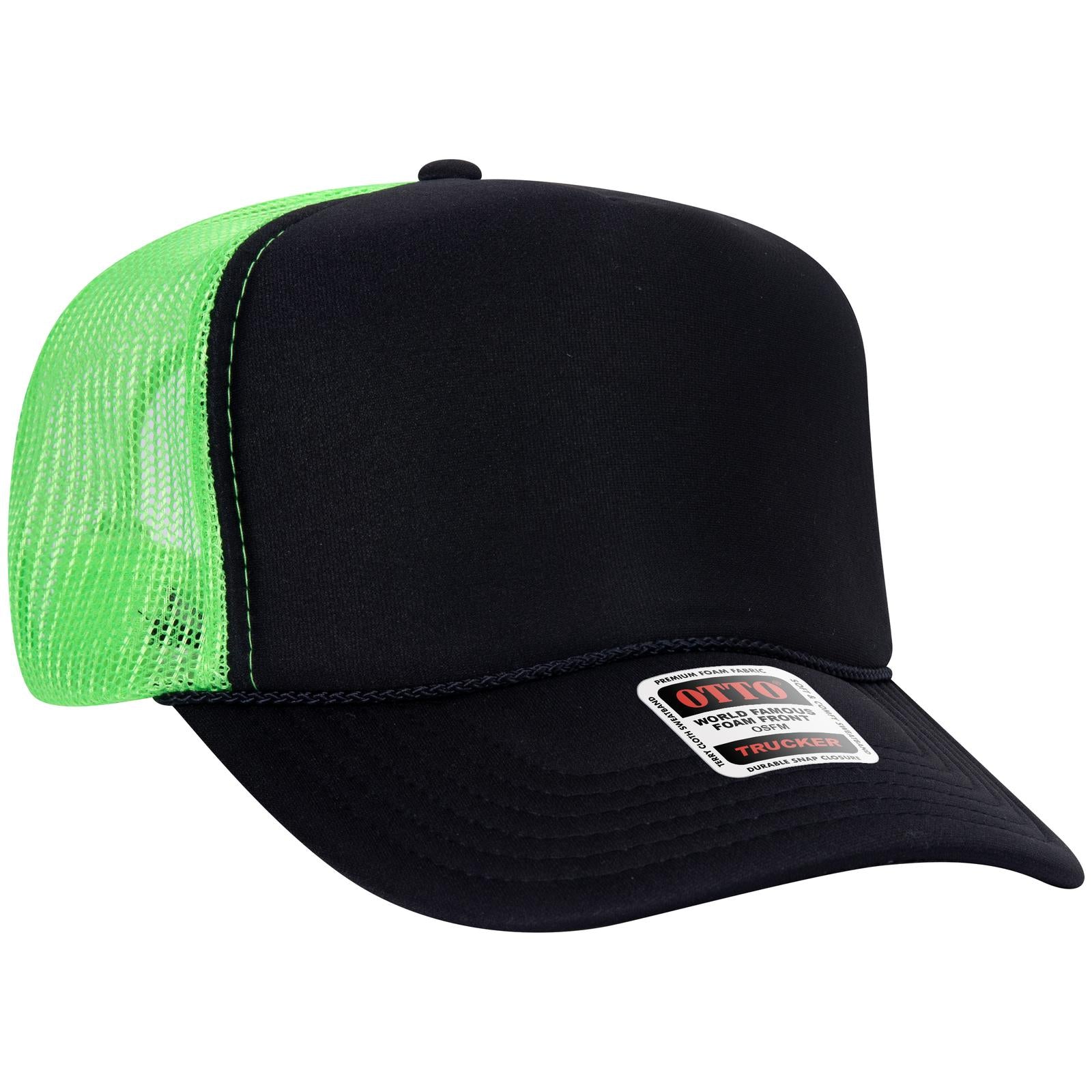 Right View of 030388 - Blk/Blk/N.Grn OTTO CAP 5 Panel High Crown Mesh Back Trucker Hat