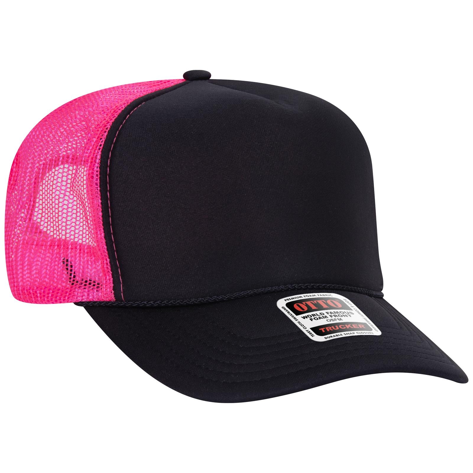 Right View of 030389 - Blk/Blk/N.Pnk OTTO CAP 5 Panel High Crown Mesh Back Trucker Hat