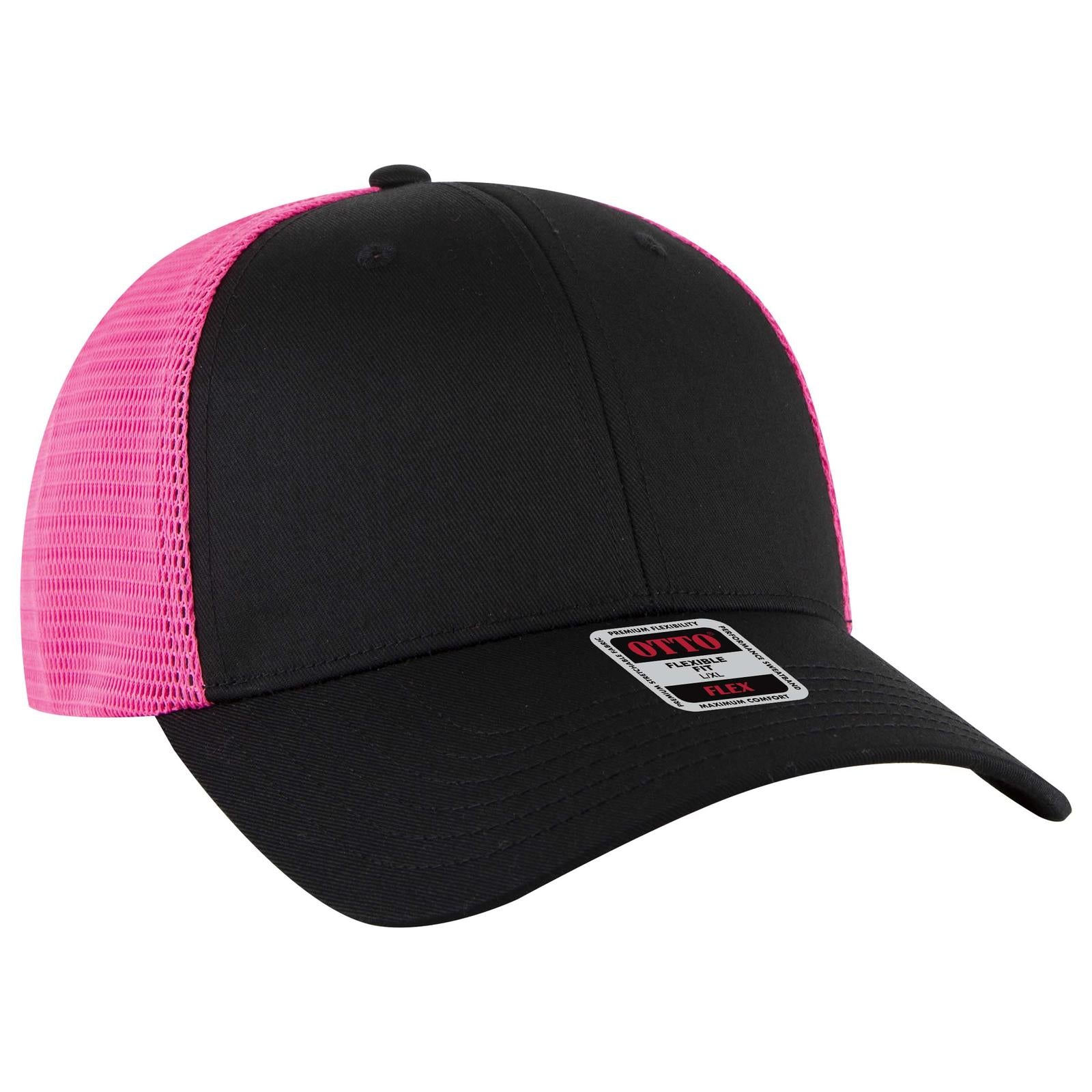 Front View of 030389 - Blk/Blk/N.Pnk OTTO CAP "OTTO FLEX" Fitted 6 Panel Low Profile Mesh Back Trucker Hat