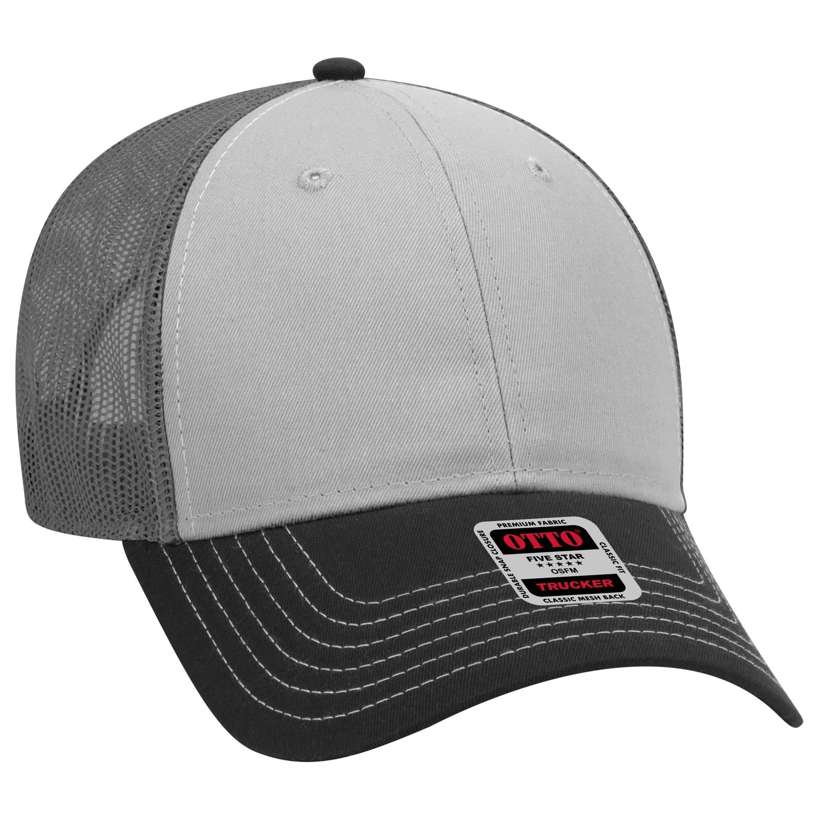 Right View of 031425 - Blk/Gry/Ch.Gry OTTO CAP 6 Panel Low Profile Mesh Back Trucker Hat