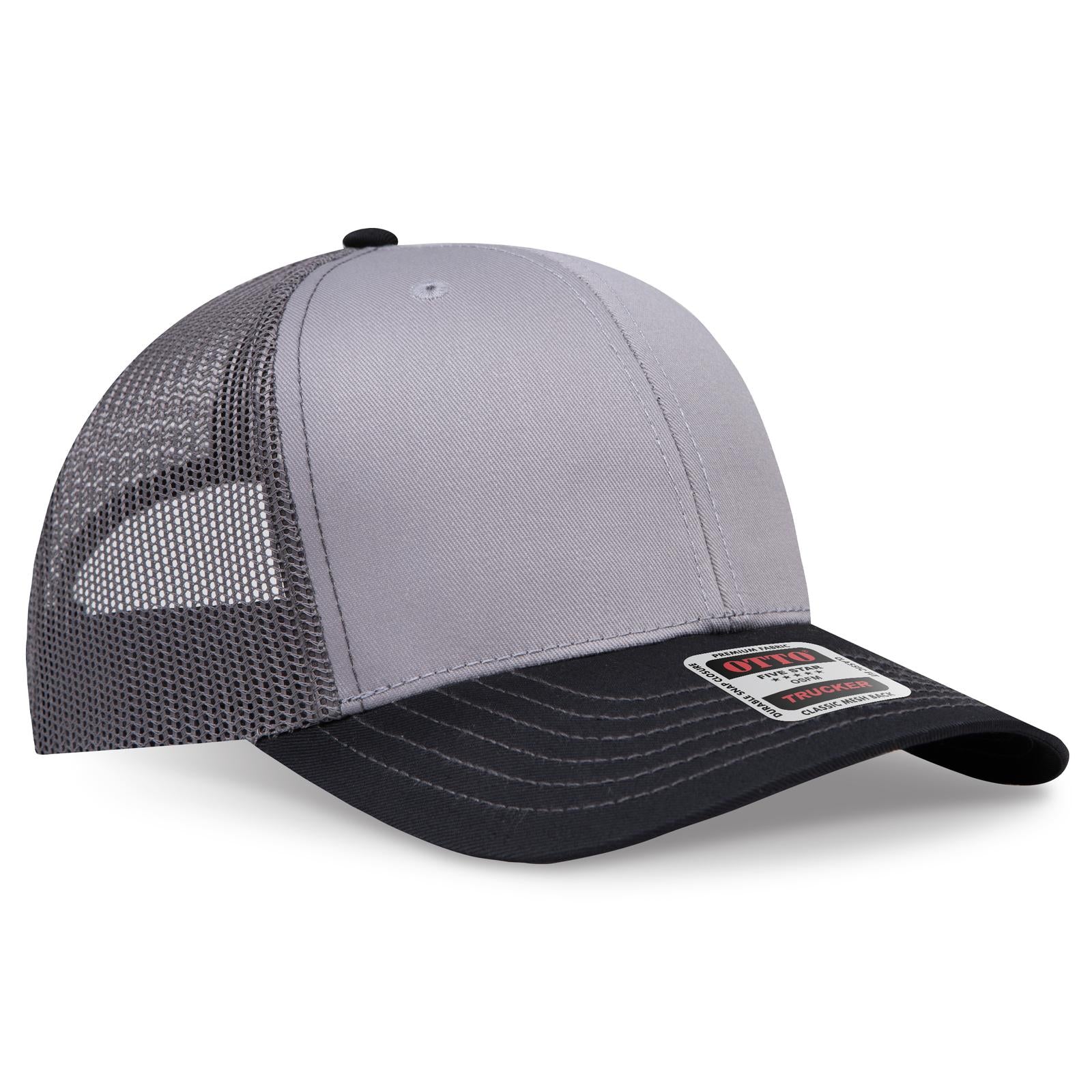 Right View of 031425 - Blk/Gry/Ch.Gry OTTO CAP 6 Panel Mid Profile Mesh Back Trucker Hat