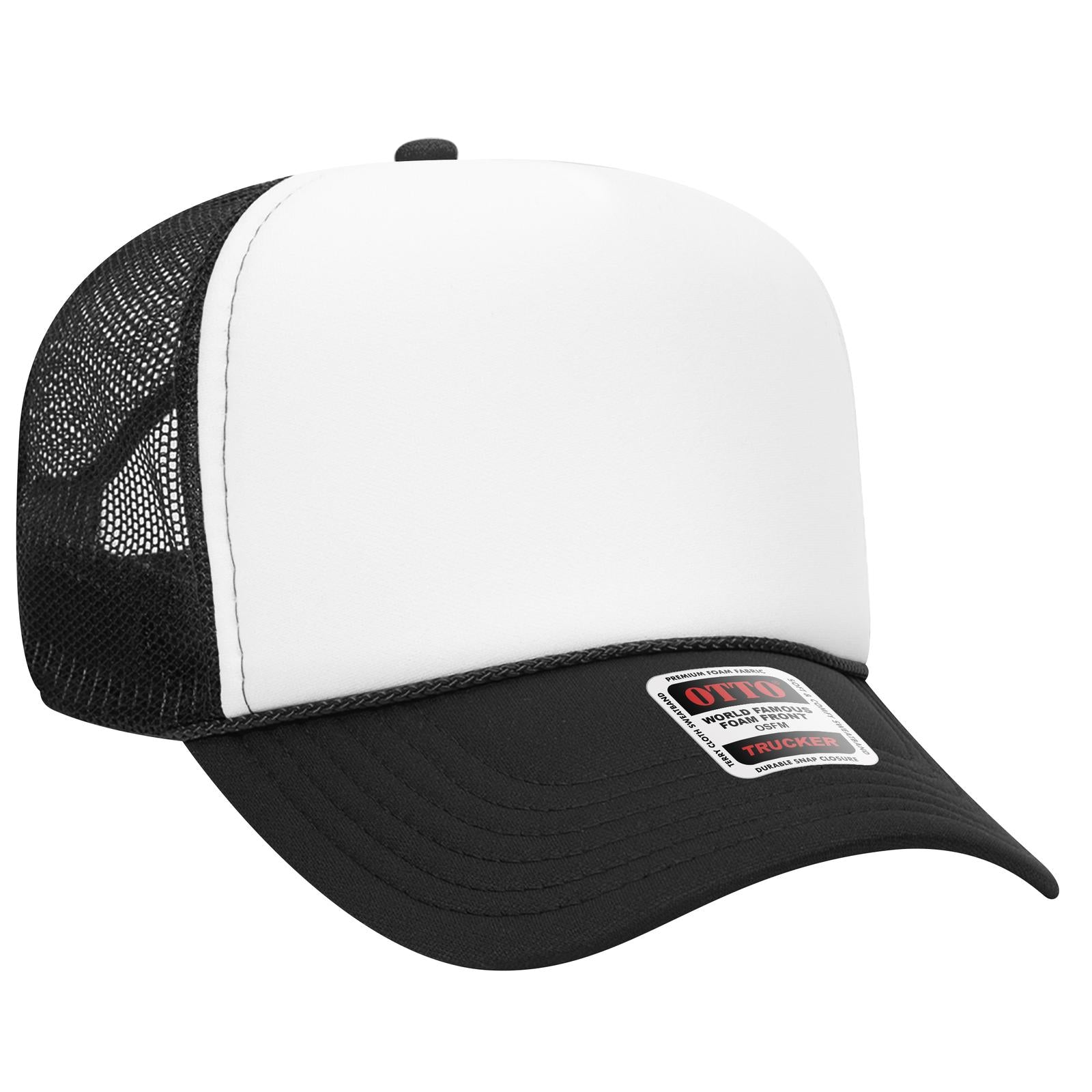 Front View of 031603 - Blk/Wht/Blk OTTO CAP 5 Panel Mid Profile Mesh Back Trucker Hat