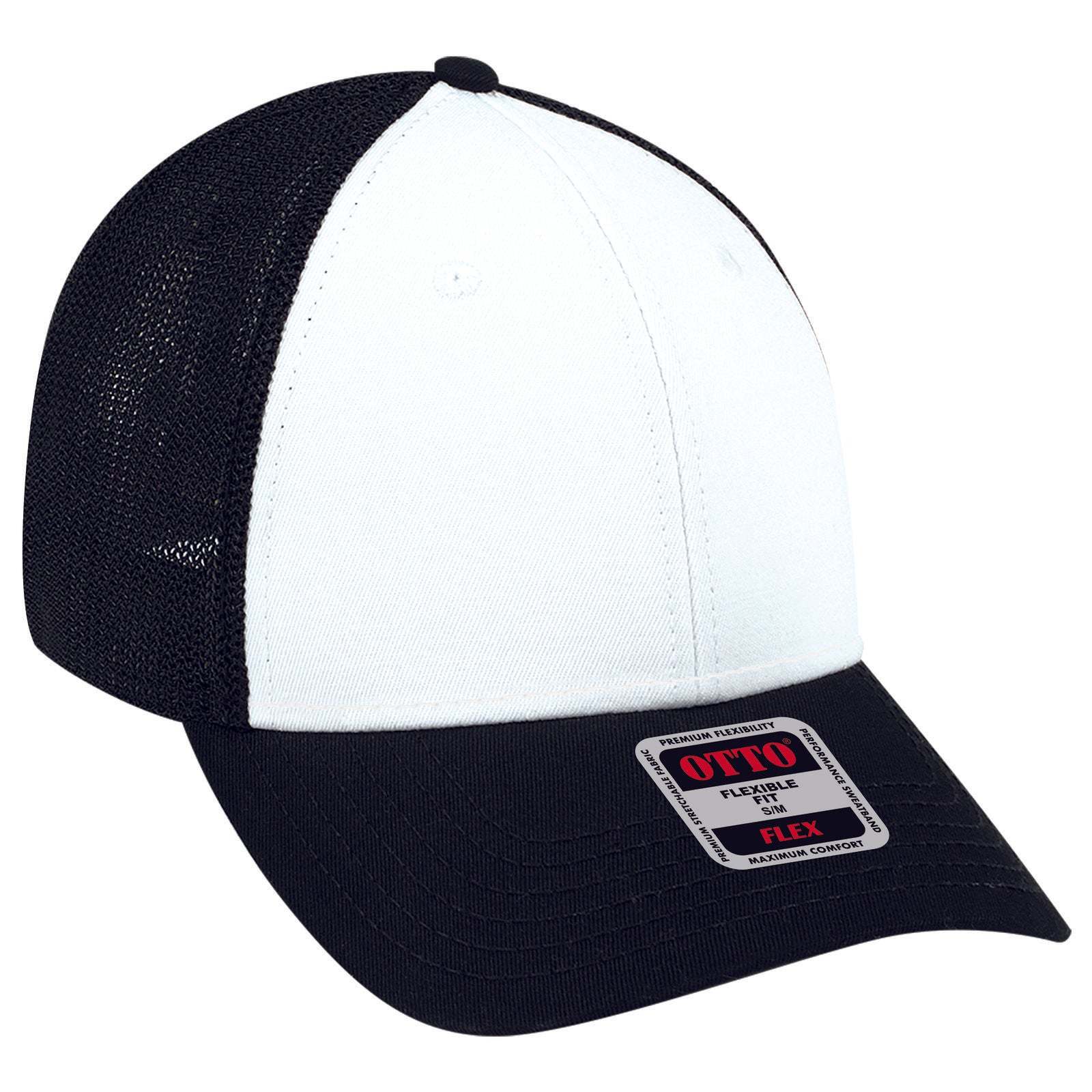 Front View of 031603 - Blk/Wht/Blk OTTO CAP "OTTO FLEX" Fitted 6 Panel Low Profile Mesh Back Trucker Hat