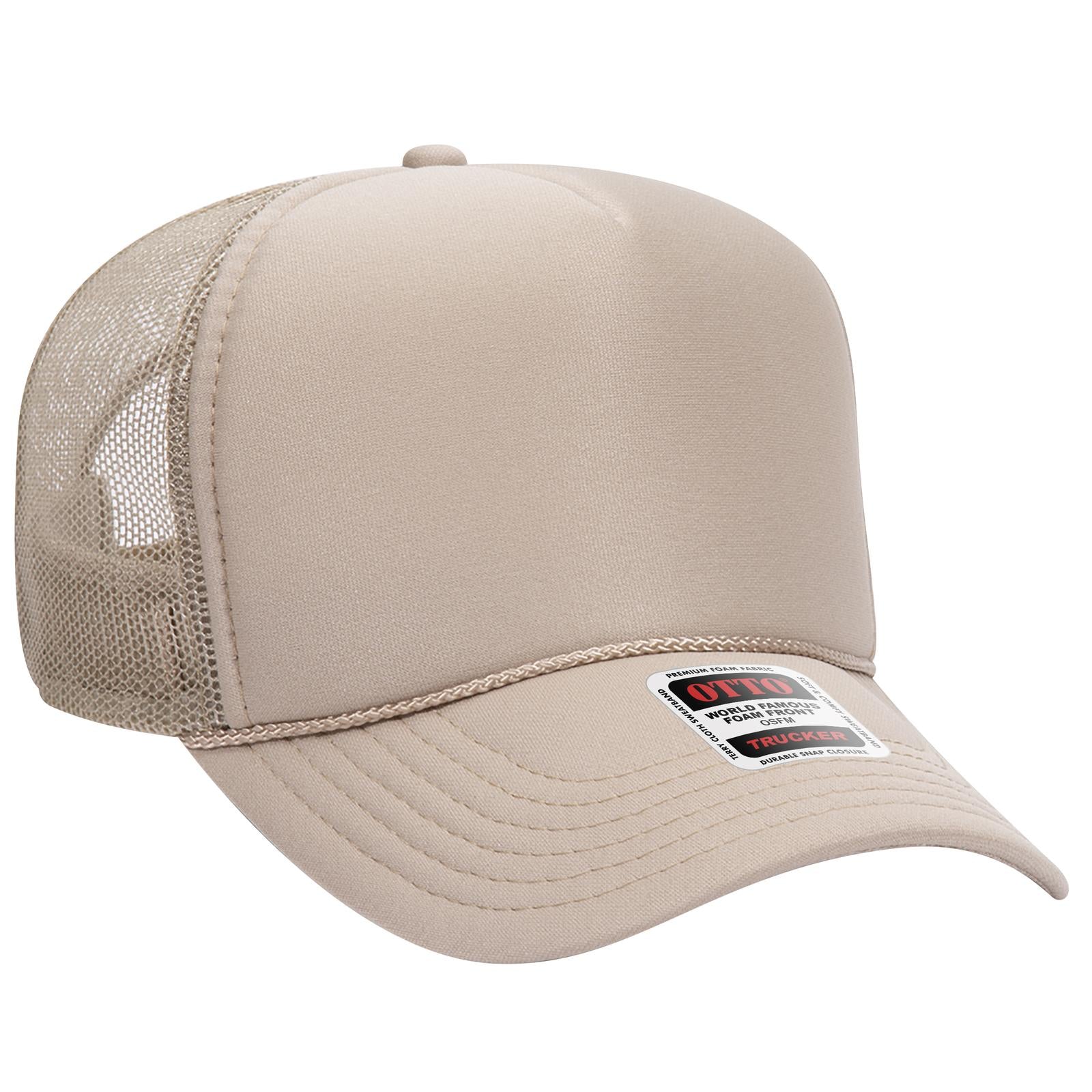 Front View of 032 - Khaki OTTO CAP 5 Panel Mid Profile Mesh Back Trucker Hat