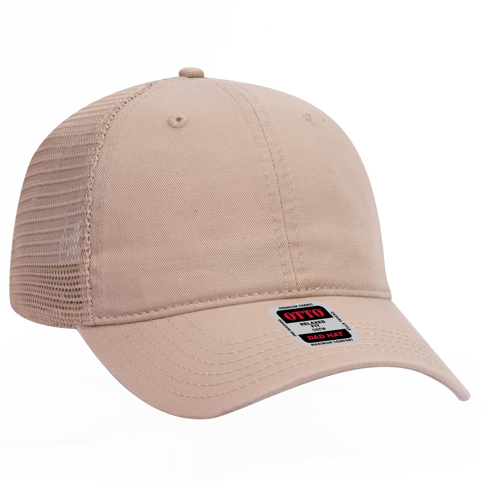 Front View of 032 - Khaki OTTO CAP 6 Panel Low Profile Mesh Back Trucker Dad Hat