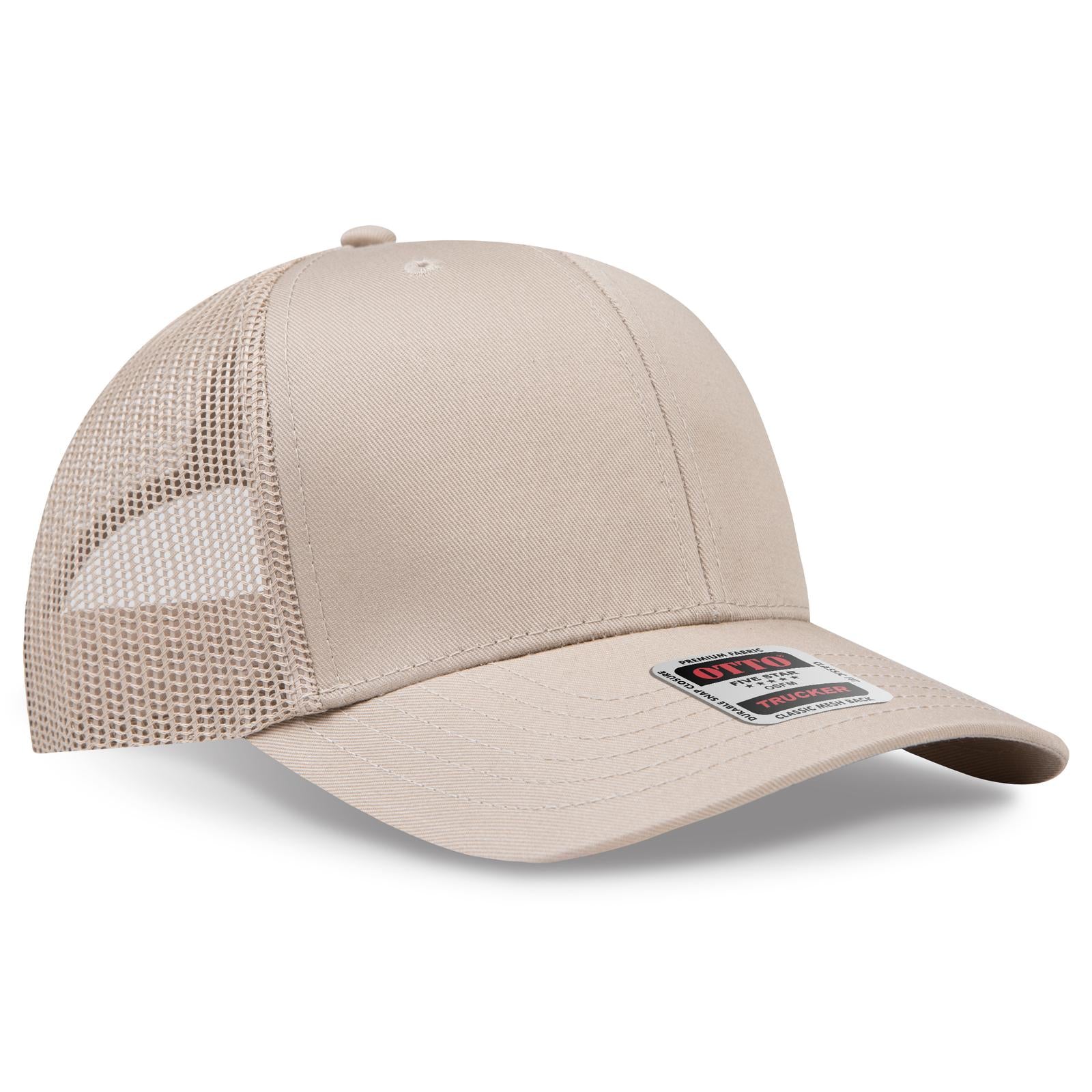 Front View of 032 - Khaki OTTO CAP 6 Panel Mid Profile Mesh Back Trucker Hat