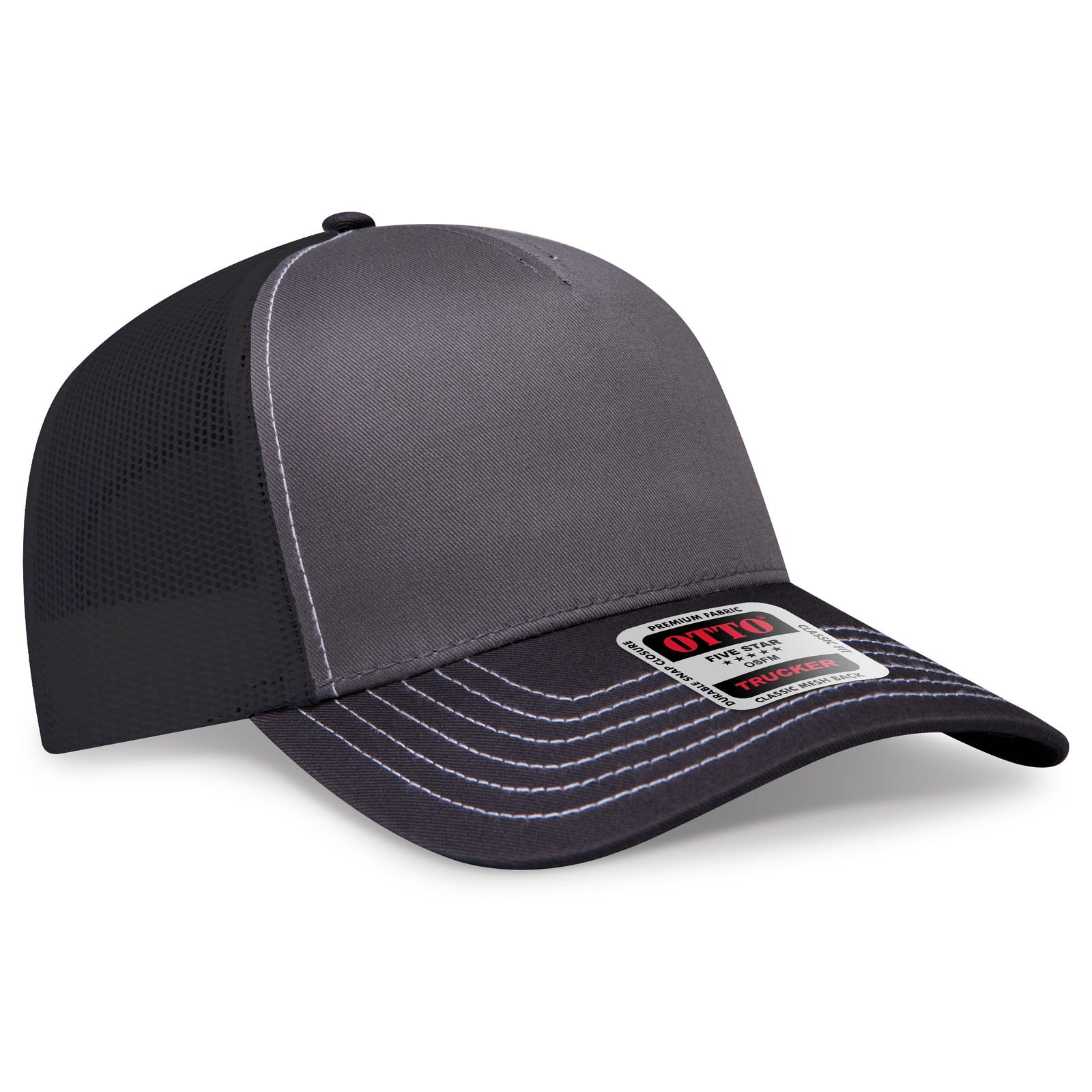 Front View of 032503 - Blk/Ch.Gry/Blk OTTO CAP 5 Panel Low Profile Mesh Back Trucker Hat