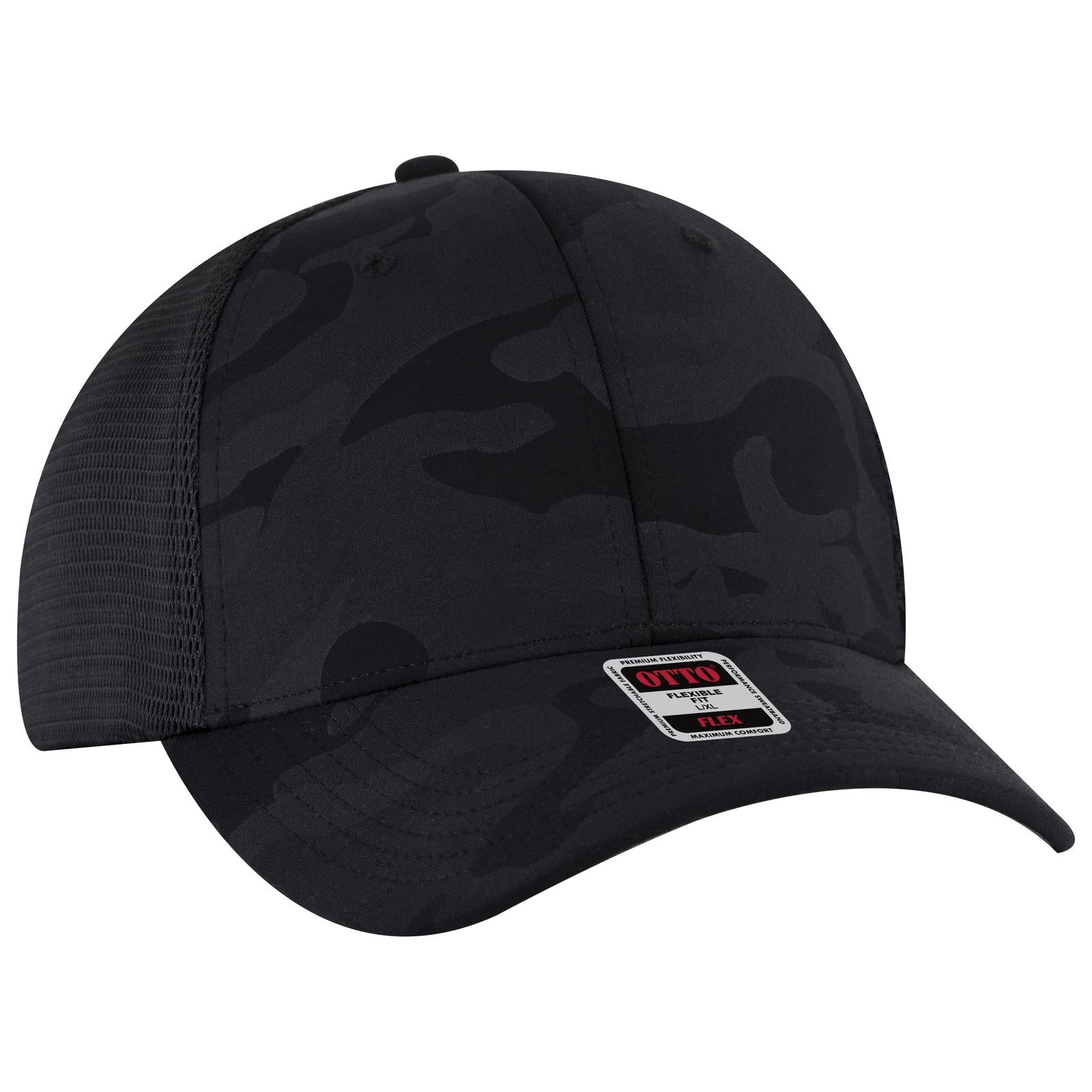 Front View of 032503 - Blk/Ch.Gry/Blk OTTO CAP "OTTO FLEX" Fitted 6 Panel Low Profile Mesh Back Trucker Hat