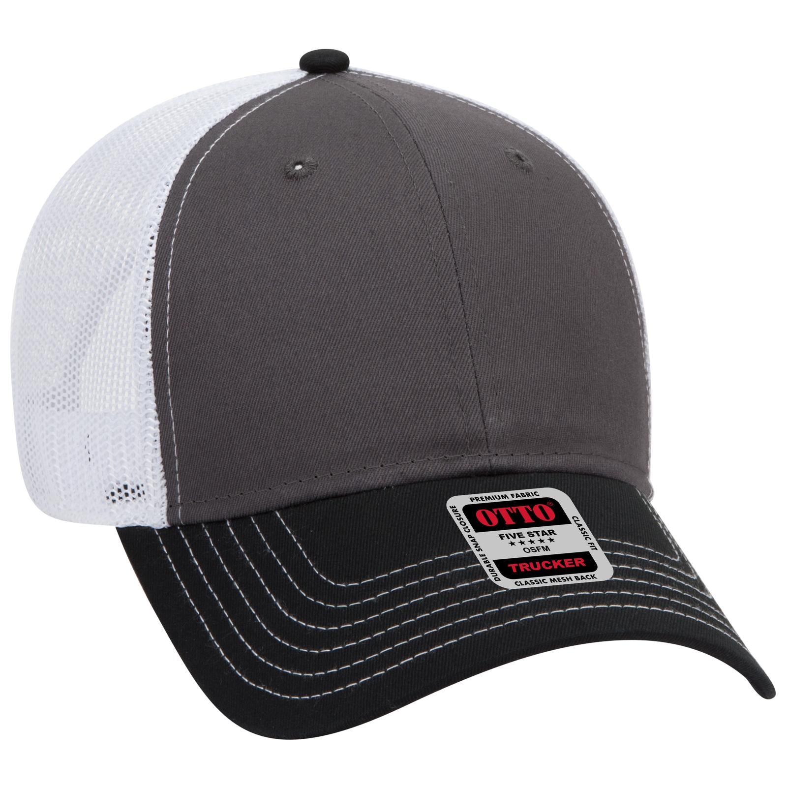 Right View of 032516 - Blk/Ch.Gry/Wht OTTO CAP 6 Panel Low Profile Mesh Back Trucker Hat