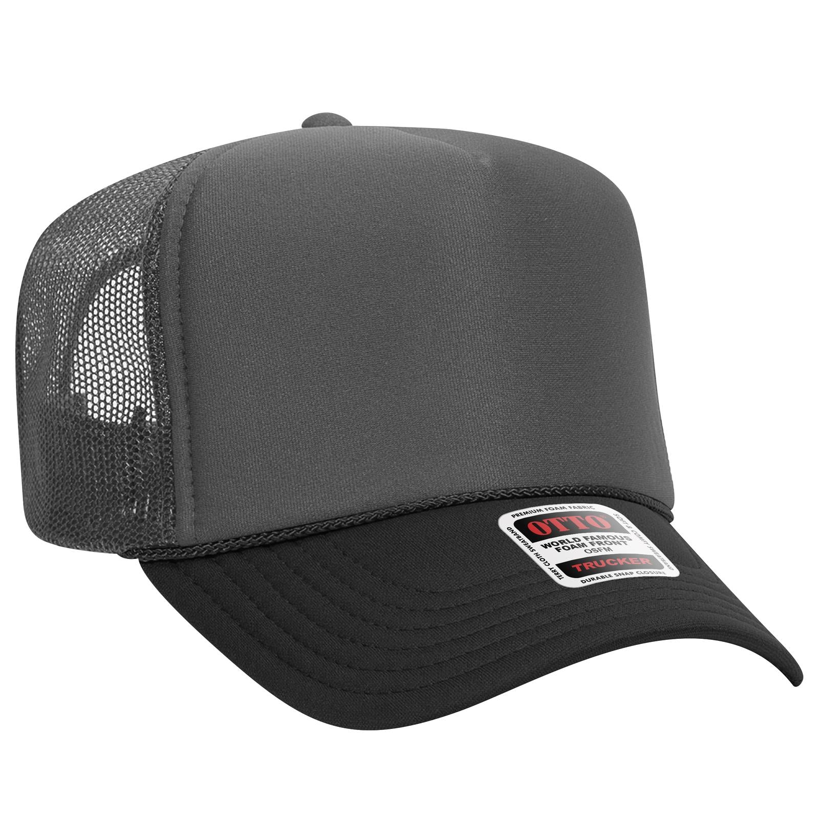 Right View of 032525 - Blk/Ch.Gry/Ch.Gry OTTO CAP 5 Panel High Crown Mesh Back Trucker Hat